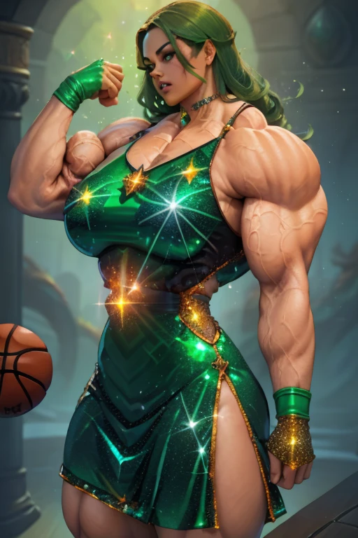 ((Close-up)), tall, (green hair) beautiful muscular woman, long curvy hair, brown skinned, closed smile, (black lipstick), (massive muscles), (hyper muscle), ((ginormous bulky muscles)), orange eyes, ((((long sparkly green Crystalline basketball jersey Dress adorned with dragon designs)))), (Crystalline fingerless gloves), choker, (Crystalline gauntlets) high heels, ((surrounded by dragon)), (on top a mystical skyscraper) 