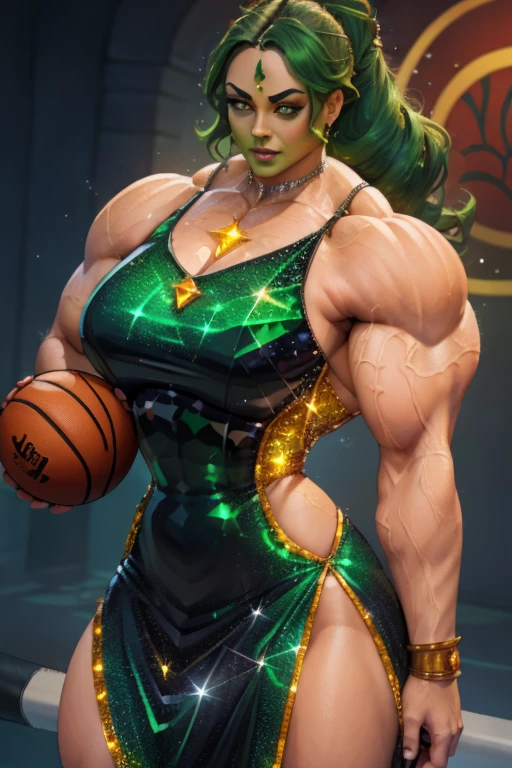 ((Close-up)), tall, (green hair) beautiful muscular woman, long curvy hair, brown skinned, (closed smile), large breast, (black lipstick), (massive muscles), (hyper muscle), ((ginormous bulky muscles)), orange eyes, (((sparkly green basketball jersey dress))), green wristbands, choker, sneakers, (in a dormitory) in the morning, 