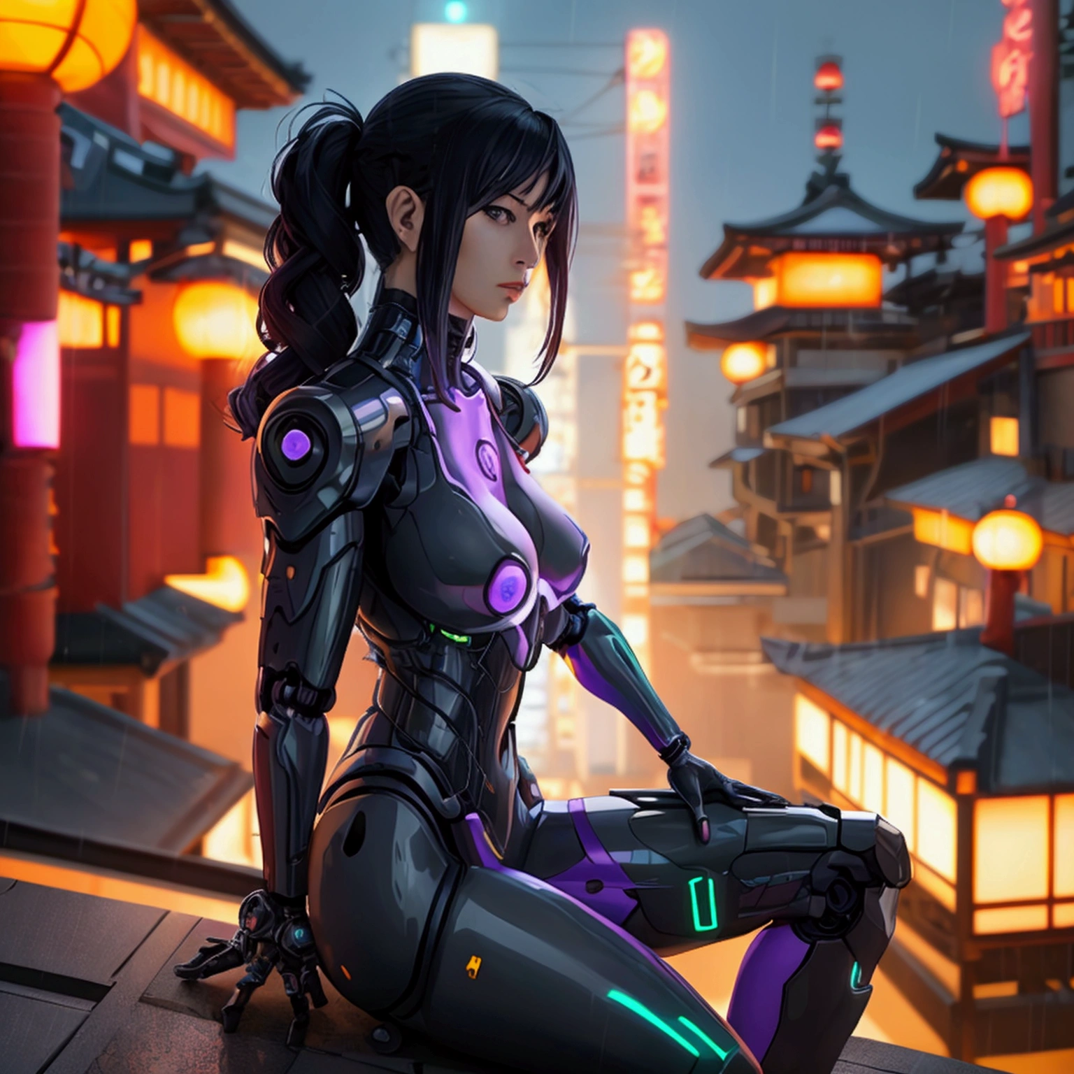 Female Cyborg kunoichi relaxing on the roof of a traditional Japanese temple in a cyberpunk city at night. Lots of neon signs on surrounding buildings, it is raining heavily, hover vehicles are seen in the distance out of focus, she has a katana sheathed next to her and a cyber pistol on her hip. She has large breasts and shoulder length black hair with red and purple highlights, she has lots of robot parts. (((Ultra realistic, photorealistic))), 4k, DSLR