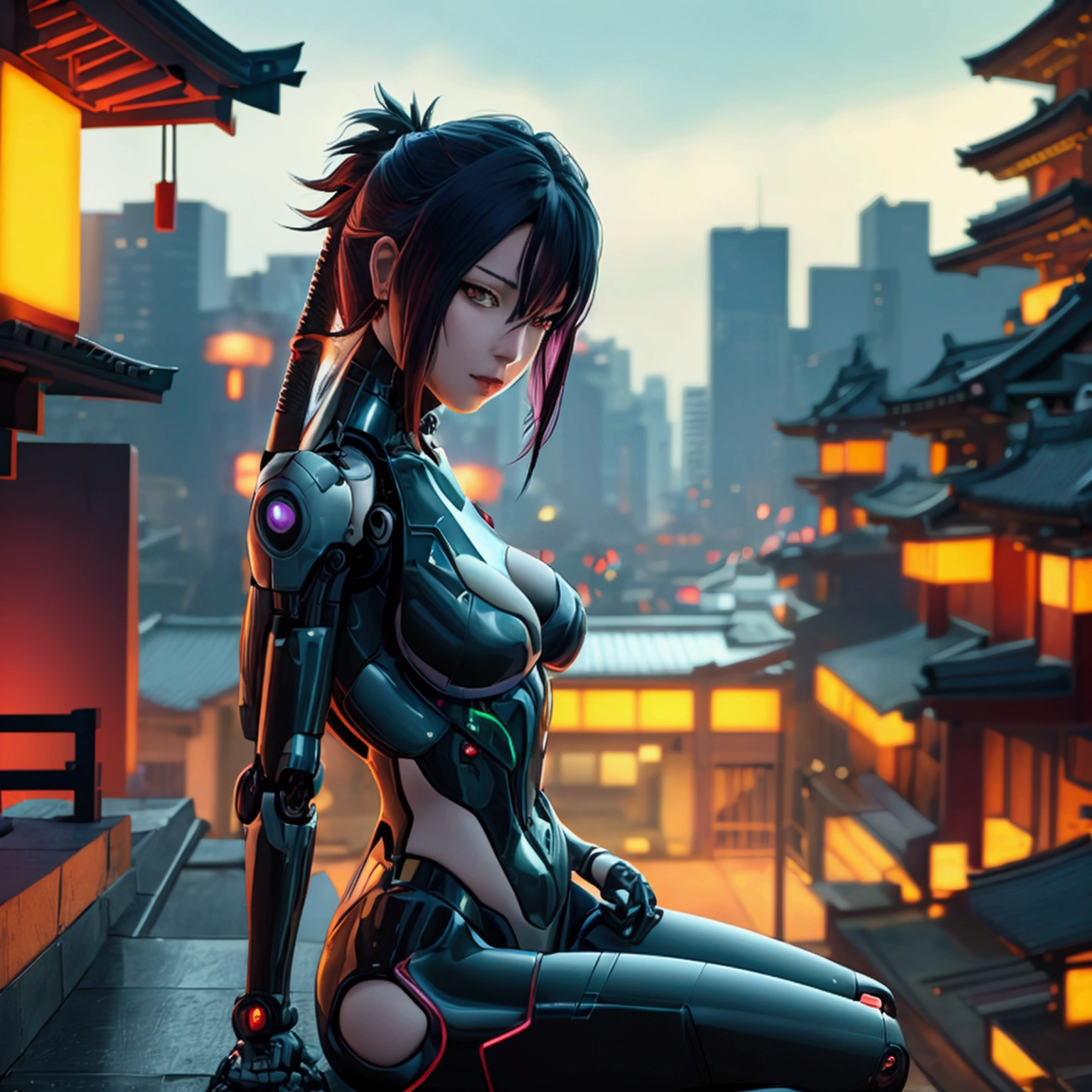 Female Cyborg kunoichi relaxing on the roof of a traditional Japanese temple in a cyberpunk city at night. Lots of neon signs on surrounding buildings, it is raining heavily, hover vehicles are seen in the distance out of focus, she has a katana sheathed next to her and a cyber pistol on her hip. She has large breasts and shoulder length black hair with red and purple highlights, she has lots of robot parts. (((Ultra realistic, photorealistic))), 4k, DSLR