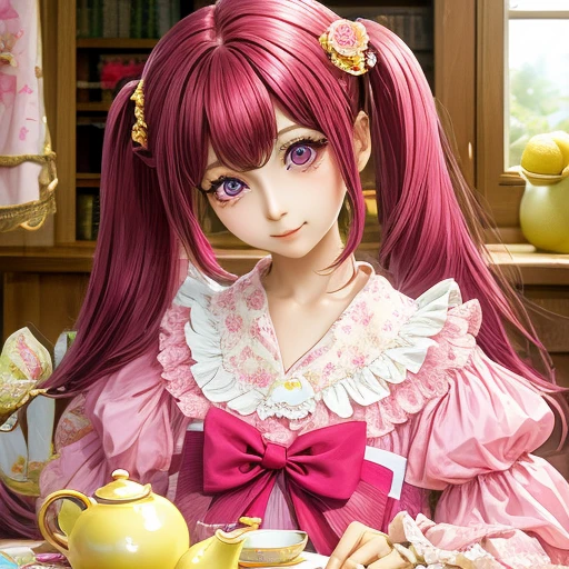 raspberry colored hair。Long twin tails。Pink eyes。Lady in a lemon-colored dress。Pearl ornaments。Tea party。