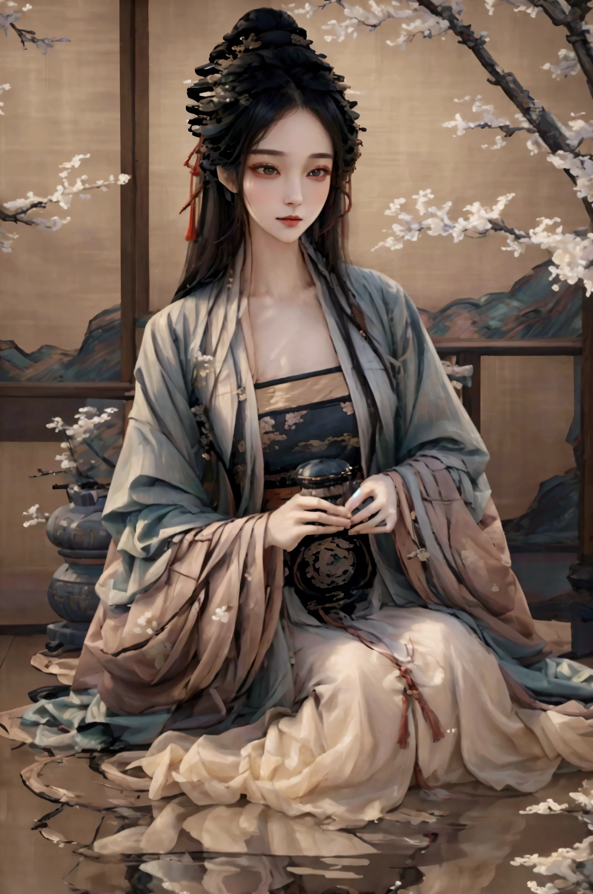 ((Masterpiece up to 16K resolution:1.6)),beautiful,Highest quality,Absolutely wonderful,Very detailed,Ultra-high resolution,masterpiece,Realistic,Realistic,Increased depth of field,Cinematic Light, 
One elegant young girl  woman, Long black hair,Beautiful face,Very detailed facial expression,Face with a gentle expression,Transparent white skin,Very delicate skin texture,Great proportions,Anatomically correct body, 
Elegant high slit dress,elegant colors,Gorgeous and detailed pattern,Beautifully detailed pattern,Detailed cloth texture, super slim , very slim , very fragile image 
Illustrate Lin Daiyu in a modest deep blue Hanfu, embroidered with intricate patterns of plum blossoms. Her attire is conservative yet sophisticated, with wide, flowing sleeves and a high collar, showing her noble but reserved demeanor. Her hair is neatly styled in a simple bun, adorned with a single silver hairpin. She stands beside a pond, lightly holding the edge of her sleeve with a soft, thoughtful smile on her lips, her gaze cast downward. The calmness of her pose and the traditional attire emphasize her grace and delicacy, creating a moment of quiet reflection.