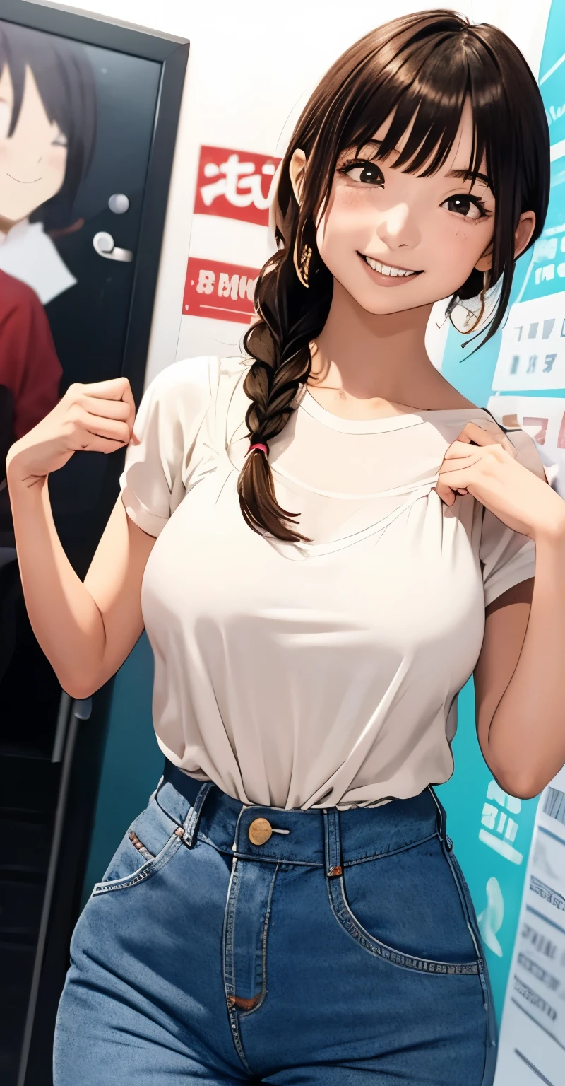 Anime illustration、Best Quality、Short and clever high school student、Braids、Hot pants、Sandy Beach、Perfect balance、((Buckshot))、(((Overwhelmingly large breasts)))、beautiful, Shining Eyes、Blushed、smile、High angle、