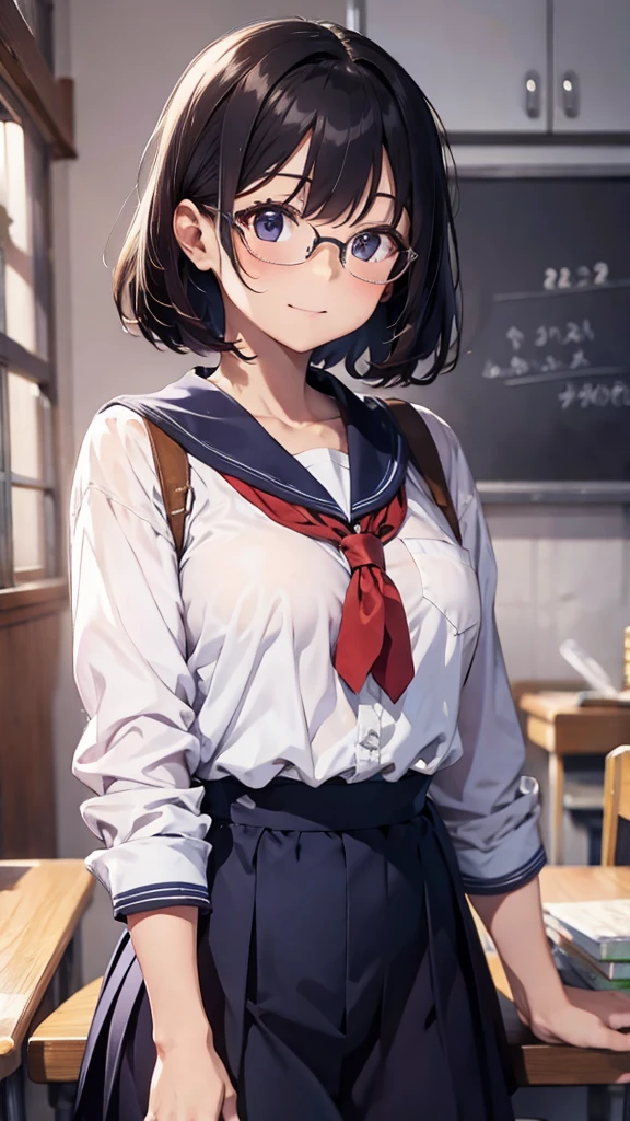 (masutepiece, Best Quality, Capture super cute moments, depth of fields, ultra-detailliert, Ultra High Resolution, C4D, Octadale, 3D Modeling, 8K, 16 K, one girls,a junior high school student, small tits,A dark-haired,short-hair,straight haired,Light brown eyes,White headband,wearing black glasses,Cute face),Sailor Uniform,cleavage,‎Classroom, Upper body,Sit at a desk and open your legs,panty shot,embarassed face,