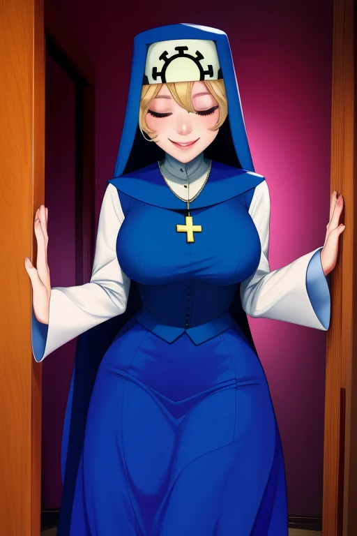 Double, short blonde hair, nun uniform, medium breasts, solo, 1girl, smiling, cowboy shot, closed eyes, blue habit, cross necklace ,white gloves, long sleeves, nun, long skirt, skirt on ground, room, floor