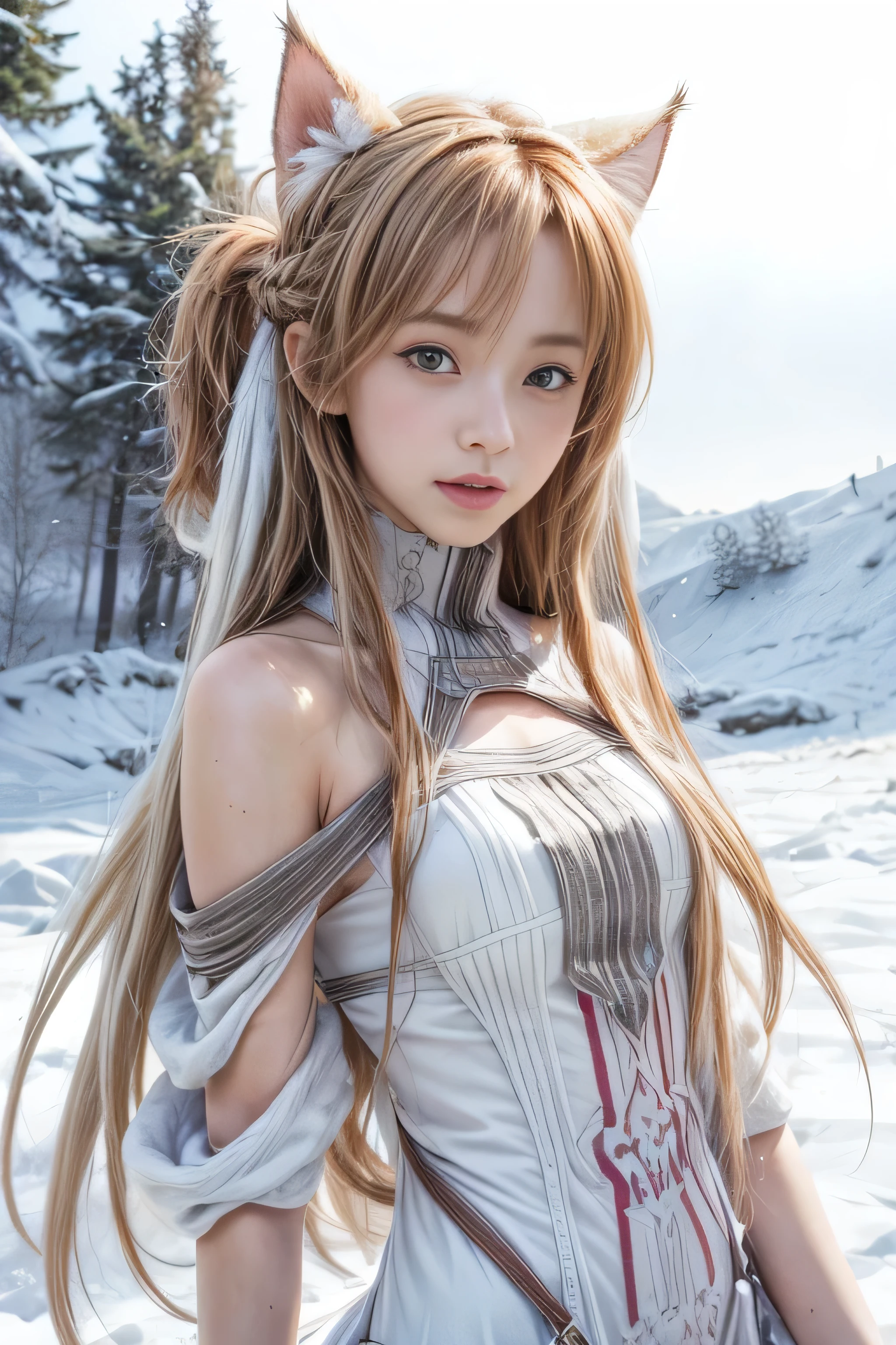masterpiece, best quality, (realistic,photo-realistic:1.4), (RAW photo:1.2), extremely detailed CG unity 8k wallpaper, delicate and beautiful, amazing,finely detail, official art, absurdres, incredibly absurdres, huge filesize, ultra-detailed,extremely detailed eyes and face,light on face,yuuki asuna,(little smile),(caramel hair:1.4),(long hair:1.4),(wearing crop top:1.4),(winter background:1.4),winter,snow