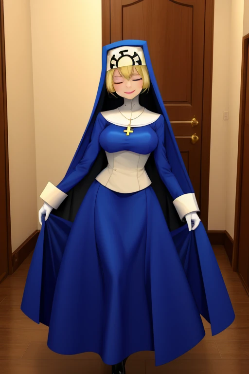 Double, short blonde hair, nun uniform, medium breasts, solo, 1girl, smiling, closed eyes, blue habit, cross necklace ,white gloves, long sleeves, nun, long skirt, heels boots, skirt on ground, room, floor