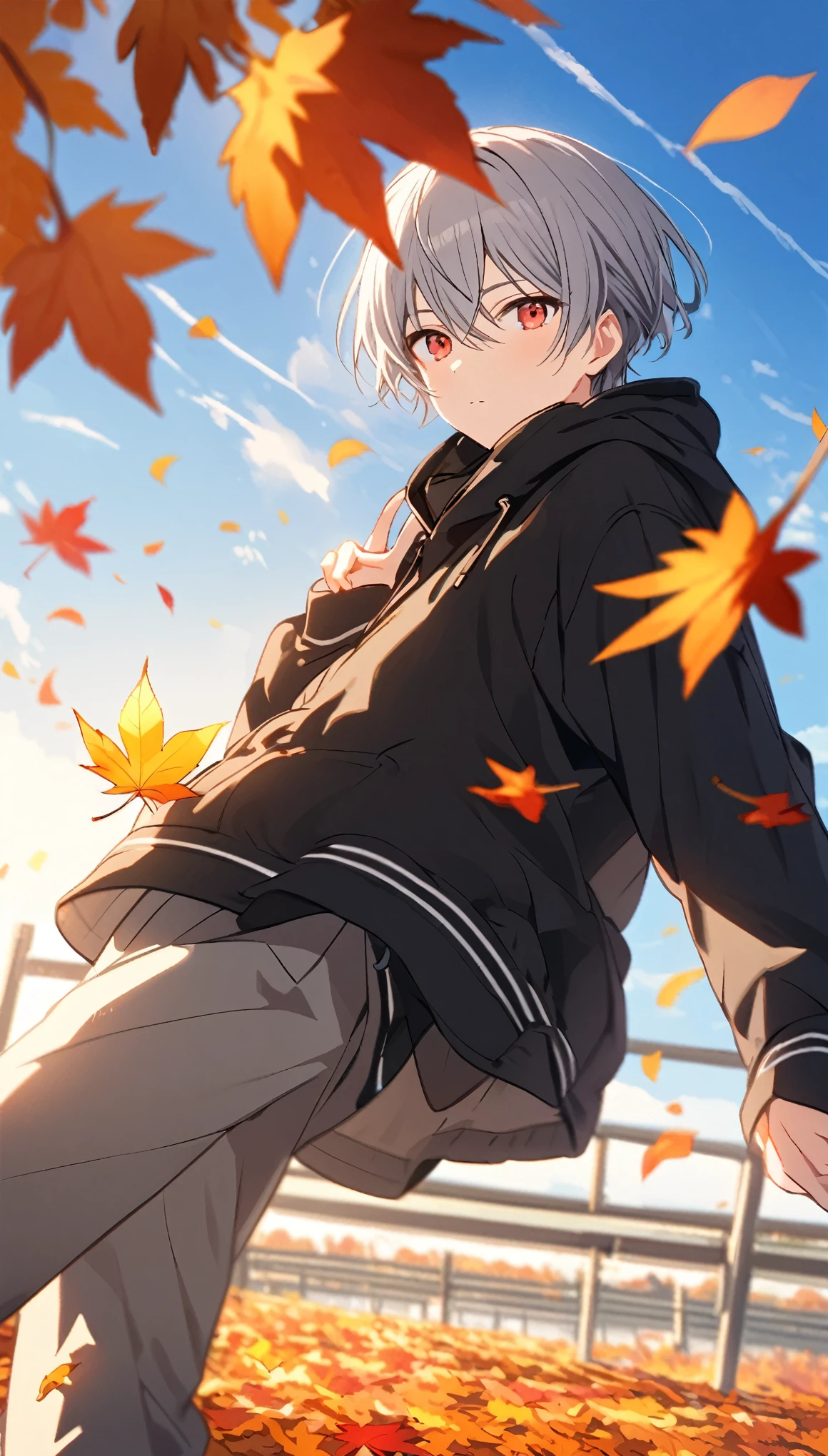 good looking, Alone, 1 male, Gray Hair, Red eyes, Long sleeve, Black hooded, noon, White Light,cute目,Short hairstyle,cute,Falling from the sky,綺麗なautumnの空,Lots of autumn leaves,autumn,A sparkling view,bright,Blue Sky,Looking at the camera,Making a peace sign,