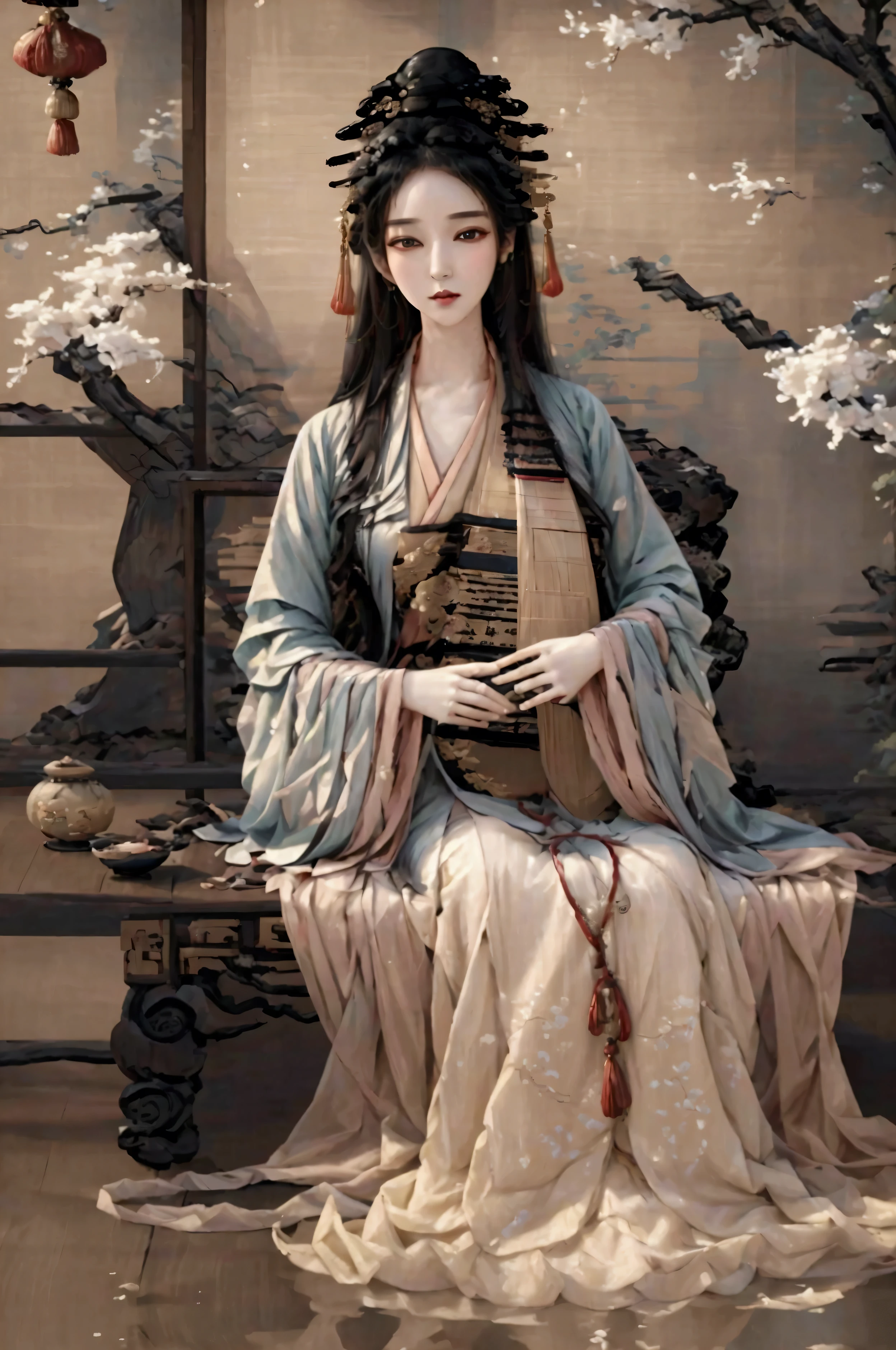 ((Masterpiece up to 16K resolution:1.6)),beautiful,Highest quality,Absolutely wonderful,Very detailed,Ultra-high resolution,masterpiece,Realistic,Realistic,Increased depth of field,Cinematic Light,
One elegant young girl woman, Long black hair,Beautiful face,Very detailed facial expression,Face with a gentle expression,Transparent white skin,Very delicate skin texture,Great proportions,Anatomically correct body,
Elegant high slit dress,elegant colors,Gorgeous and detailed pattern,Beautifully detailed pattern,Detailed cloth texture, super slim , very slim , very fragile image
Create a scene where Lin Daiyu is dressed in a traditional crimson Hanfu, embroidered with subtle gold motifs of peonies. The Hanfu is fully modest, with long, flowing sleeves and a high neckline, evoking dignity and poise. Her hair is styled in a formal updo, adorned with golden hairpins and jade accessories. She stands in a traditional Chinese garden, her posture straight and proud, her expression focused and resolute. Her hands rest gently at her sides, exuding confidence while maintaining a sense of grace. The traditional setting and attire highlight the strength and inner resilience beneath her delicate exterior.
