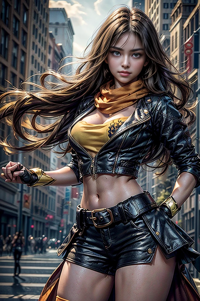 Kristin Kreuk, brunette with ponytail and green eyes, Dressed in black leather pants and yellow leather jacket, pointing a firearm at the camera to ask the spectator to freeze. lighting cinematic. Modern city in the background