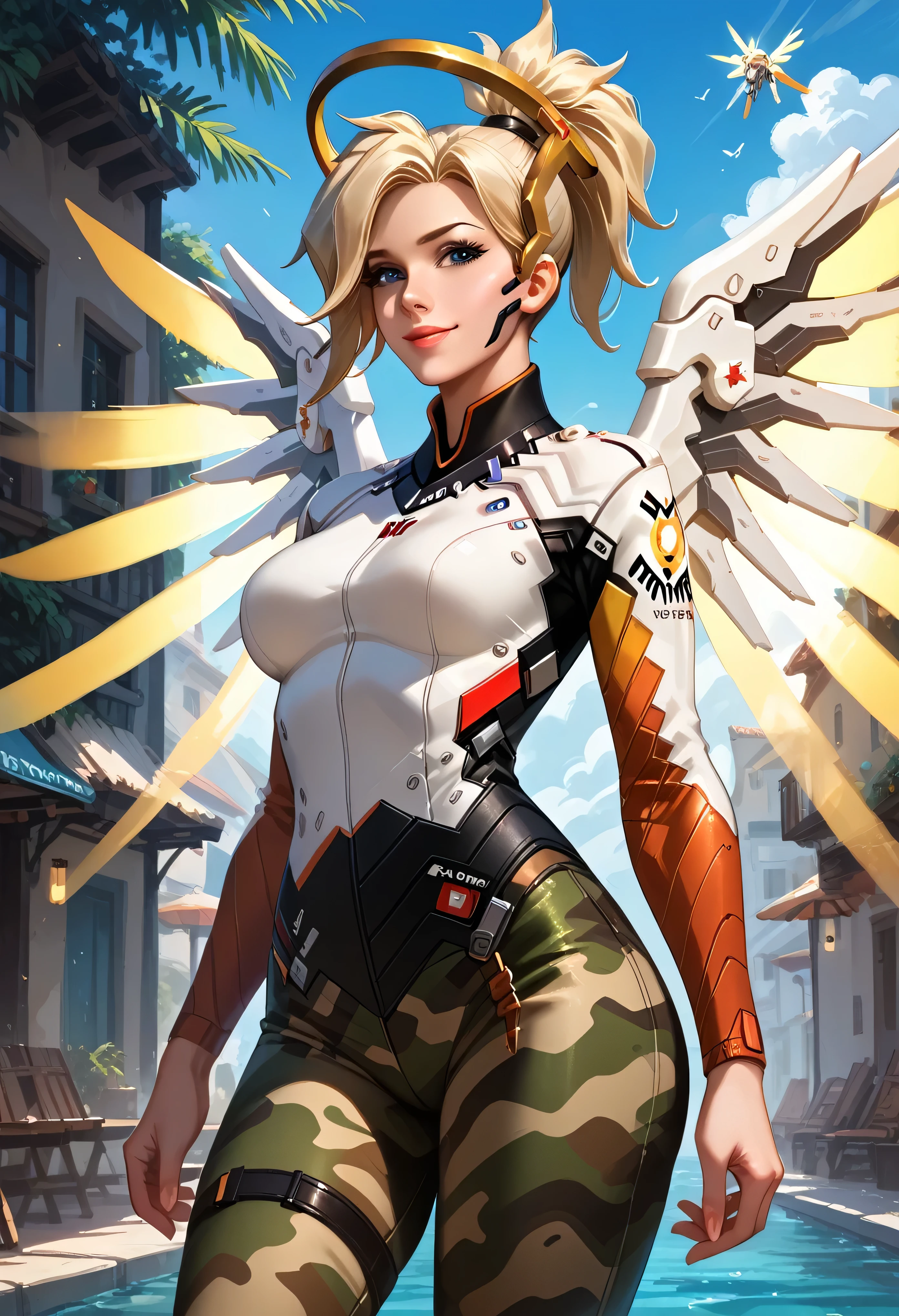 (1girl), (mrcy, short hair, high ponytail, halo:1.3), Beautiful detailed eyes, Beautiful detailed lips, Highly detailed face, Detailed Fashion, smile, Cinematic, Intricate details, thighs, wide hips, military camouflage pants