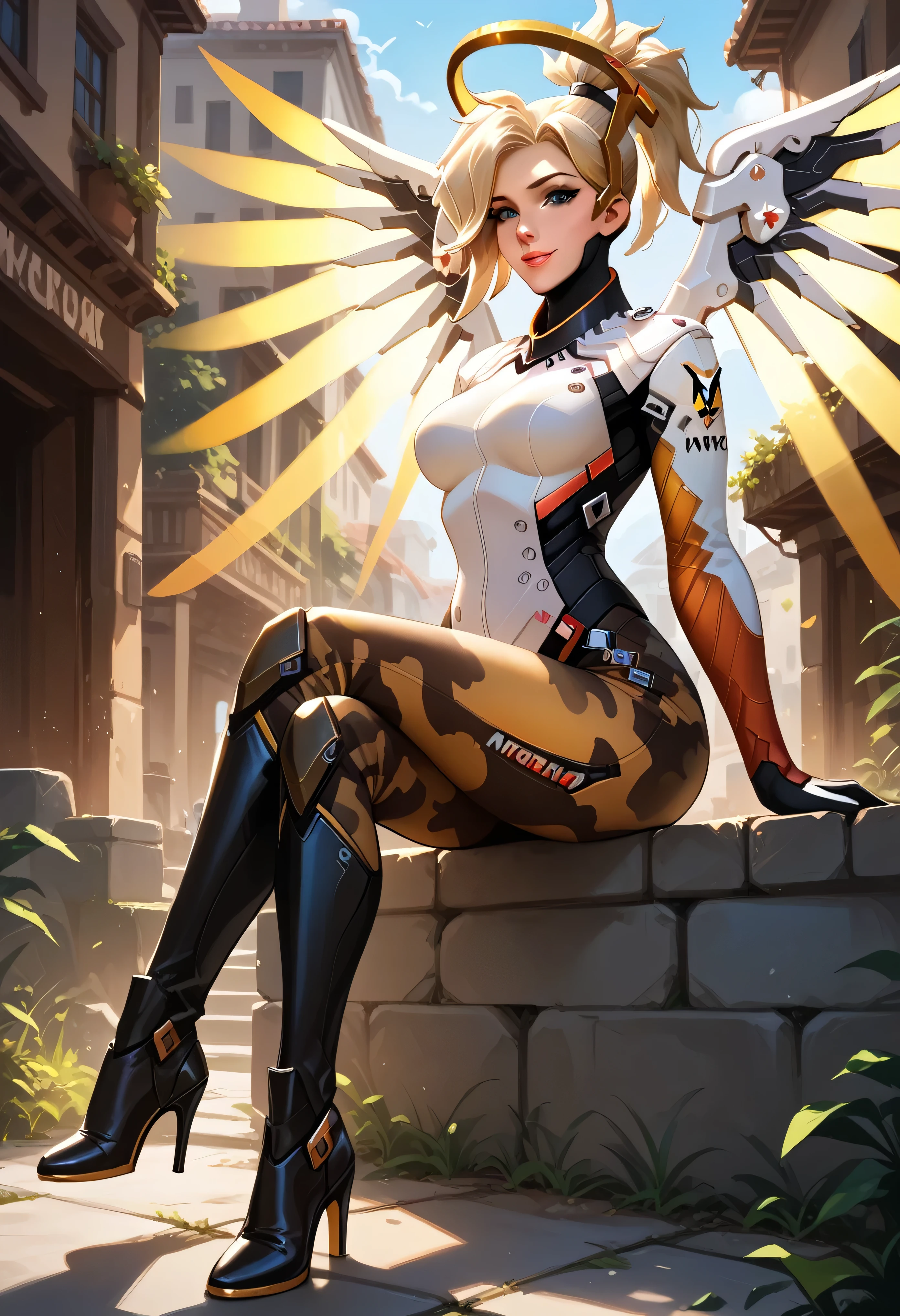 (1girl), (mrcy, short hair, high ponytail, halo:1.3), Beautiful detailed eyes, Beautiful detailed lips, Highly detailed face, Detailed Fashion, smile, Cinematic, Intricate details, thighs, wide hips, military camouflage pants, strapless top, sitting, high heels boots