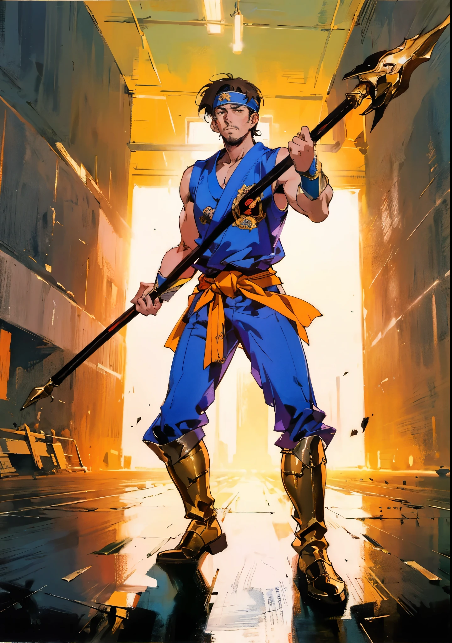 (masterpiece:1.2, best quality:1.2, extremely delicate:1.2), ((male:1.5)), a middle-aged man with short brown hair, a headband, a dignified face, mustaches and goatee beard, a fantasy martial arts style orange-yellow sleeveless vest, a sash wrapped around his waist, his arms are protected by cloth bracers, matching leather pants, shin guards, leather boots, he holds a long spear with a dragon-head design in both hands, standing in a training arena, this character embodies a finely crafted fantasy martial arts style spear-wielding guardian in anime style, exquisite and mature manga art style, dramatic, high definition, highres, ultra-detailed, ultra-fine painting, professional, perfect body proportions, golden ratio, anatomically correct, symmetrical face, extremely detailed eyes and face, high quality eyes, creativity, RAW photo, UHD, 32k, Natural light, cinematic lighting, (masterpiece-anatomy-perfect:1.2)