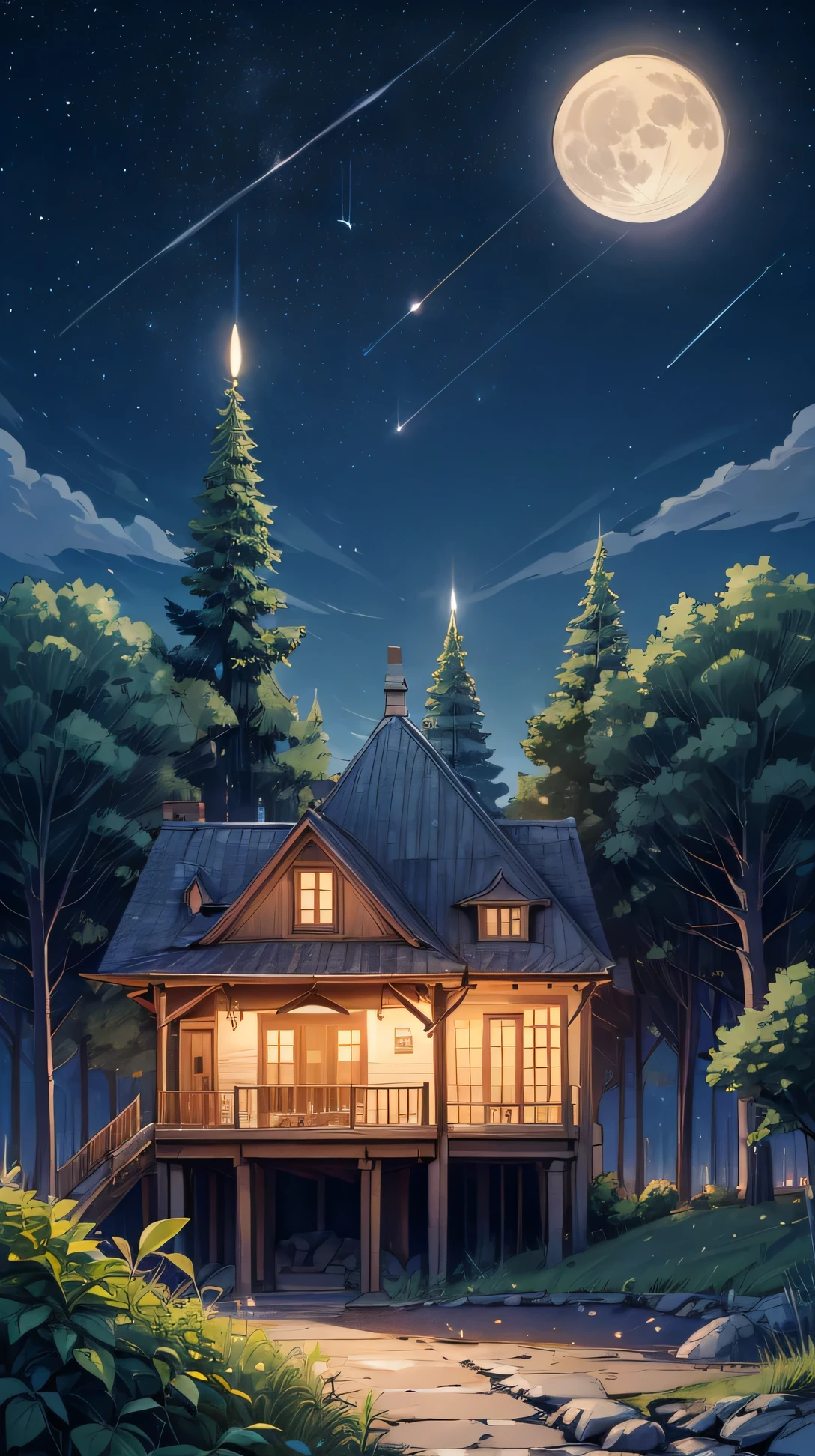 (landscape), (night), full moon, wooden terrace, star-filled sky, gentle breeze rustles the nearby plants as the stars twinkle above.