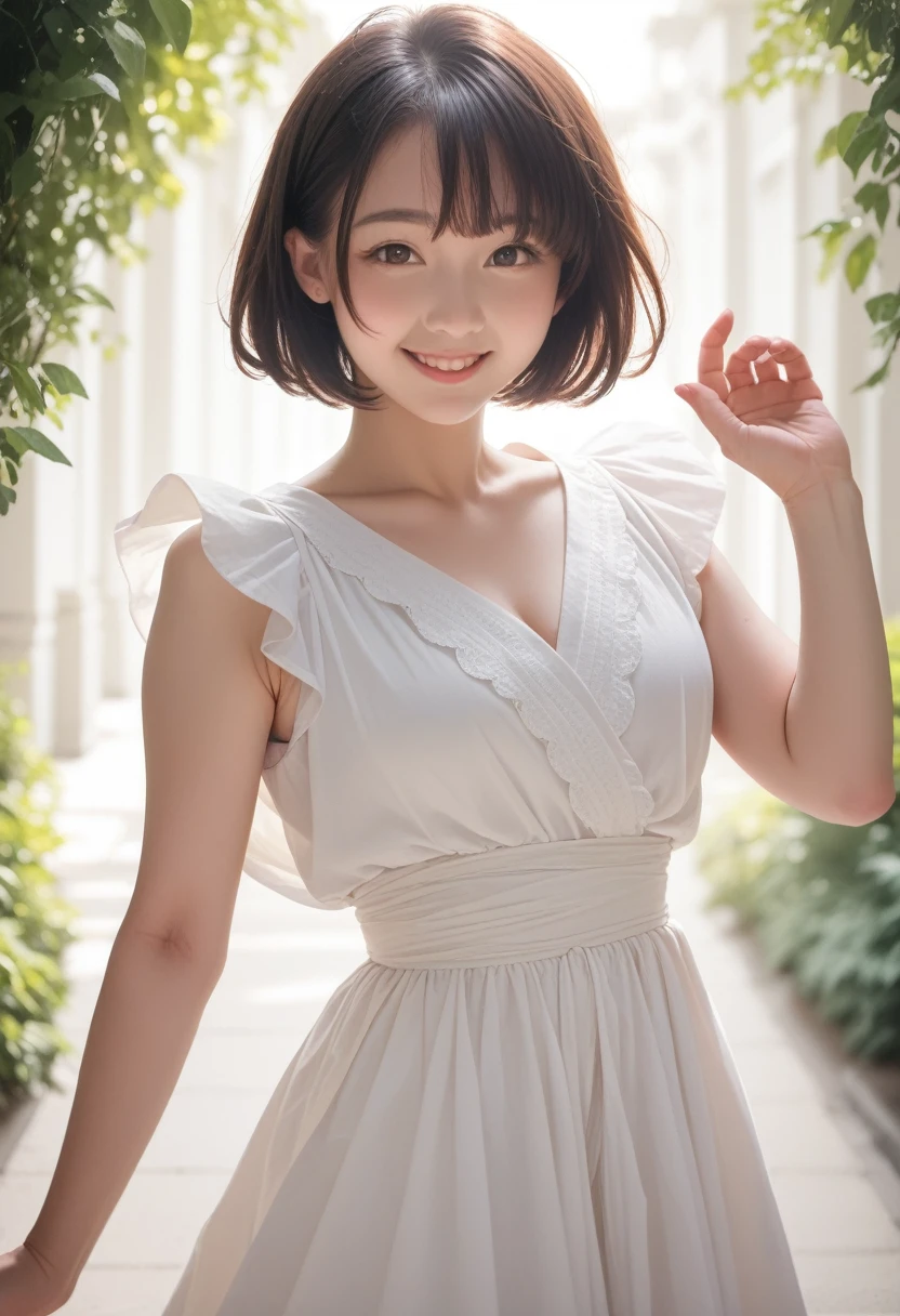 Highest quality, masterpiece, Ultra-high resolution, (Realistic:1.4), Voluptuous,Beautiful woman,(Shortcuts) （garden）Beautiful Skin, Fine skin, 魅惑的なsmile, Bokeh, smile, Shortcutsヘア, blouse