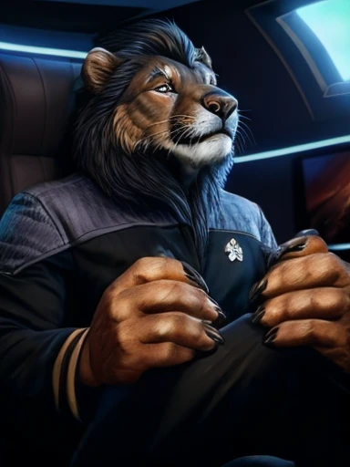 Hyperrealist furry portrait, full body picture, full figure image, masterpiece, best quality, soft light, cinematic, barefoot Scar (anthro beefy lion with orange fur, black mane with with white strand, from Lion King), confidence, authority, sits in the captain's chair, wears ds9st black and grey uniform with red collar, detailed Starfleet Delta badge on his chest, handsome clawed feet paws, high resolution, anatomically correct, digital art style, photoreal, visible feet, nice big paws with pawpads. looking on viewer, high resolution, detailed background (bridge of Star trek starship Enterprise with many screens and consoles, futuristic look) , 8k, sharp image, full body image (wide dynamic range, dynamic angles and pose: 1. 2)