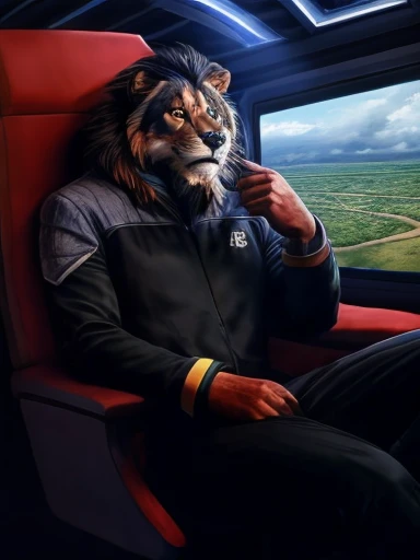 Hyperrealist furry portrait, full body picture, full figure image, masterpiece, best quality, soft light, cinematic, barefoot Scar (anthro beefy lion with orange fur, black mane with with white strand, from Lion King), confidence, authority, sits in the captain's chair, wears ds9st black and grey uniform with red collar, detailed Starfleet Delta badge on his chest, handsome clawed feet paws, high resolution, anatomically correct, digital art style, photoreal, visible feet, nice big paws with pawpads. looking on viewer, high resolution, detailed background (bridge of Star trek starship Enterprise with many screens and consoles, futuristic look) , 8k, sharp image, full body image (wide dynamic range, dynamic angles and pose: 1. 2)