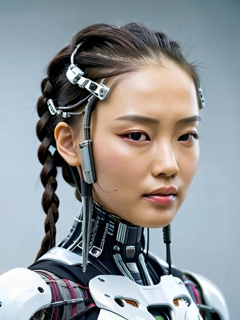 cyborg, science fiction, realistic, android, asian female, ((whole body)), mechanical parts, robot braids, half head