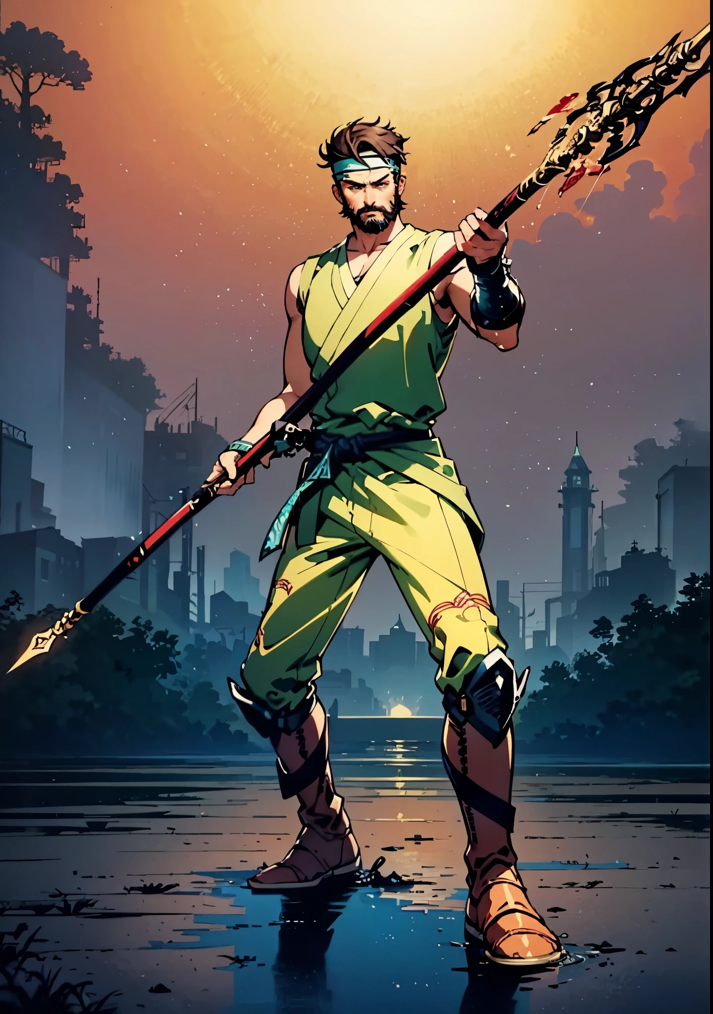 (masterpiece:1.2, best quality:1.2, extremely delicate:1.2), ((male:1.5)), a middle-aged man with short brown hair, a headband, a dignified face, mustaches and goatee beard, a fantasy martial arts style orange-yellow sleeveless vest, a sash wrapped around his waist, his arms are protected by cloth bracers, matching leather pants, shin guards, leather boots, he holds a long spear with a dragon-head design in both hands, standing in a training arena, this character embodies a finely crafted fantasy martial arts style spear-wielding guardian in anime style, exquisite and mature manga art style, dramatic, high definition, highres, ultra-detailed, ultra-fine painting, professional, perfect body proportions, golden ratio, anatomically correct, symmetrical face, extremely detailed eyes and face, high quality eyes, creativity, RAW photo, UHD, 32k, Natural light, cinematic lighting, (masterpiece-anatomy-perfect:1.2)