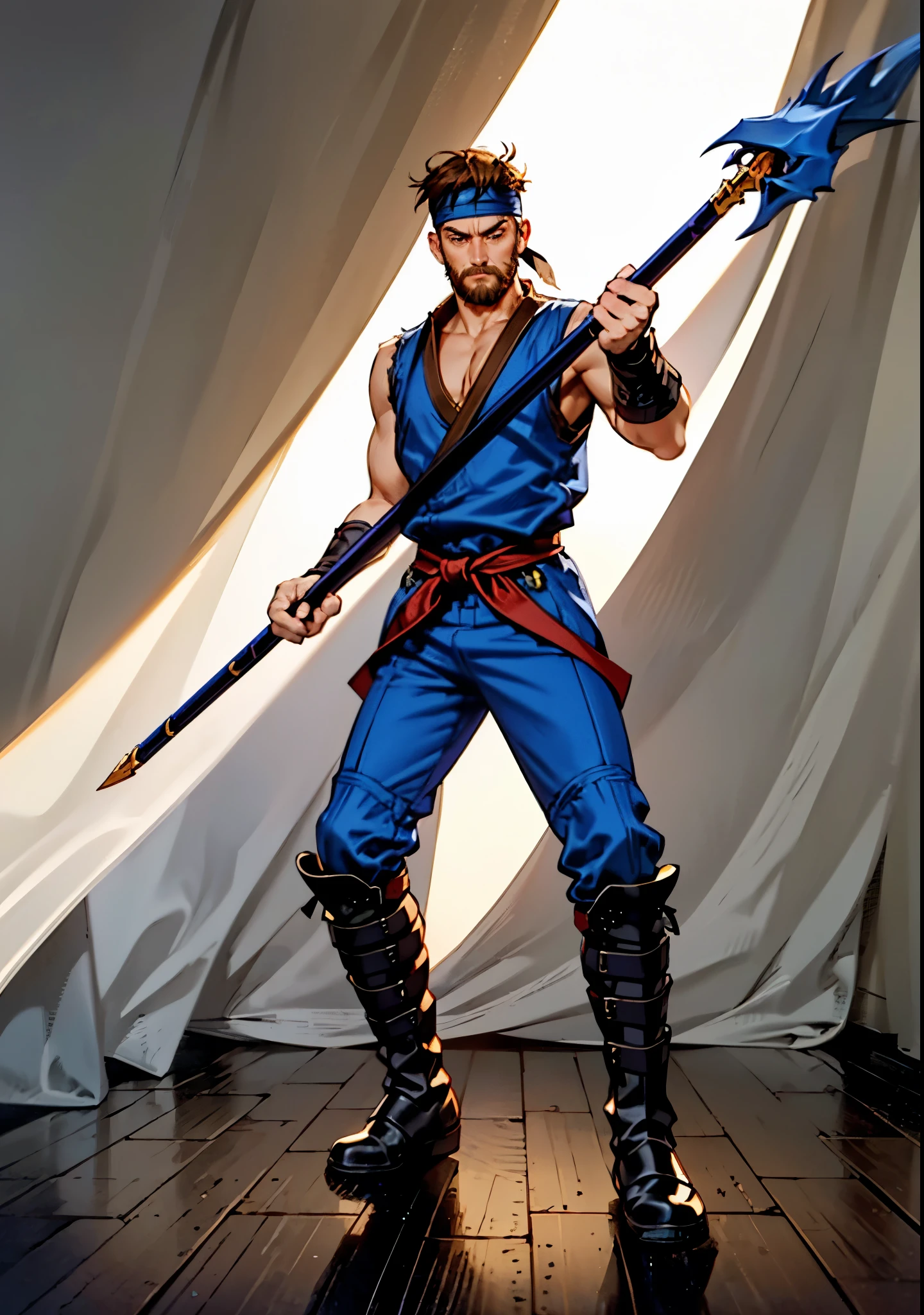(masterpiece:1.2, best quality:1.2, extremely delicate:1.2), ((male:1.5)), a middle-aged man with short brown hair, a headband, a dignified face, mustaches and goatee beard, a fantasy martial arts style orange-yellow sleeveless vest, a sash wrapped around his waist, his arms are protected by cloth bracers, matching leather pants, shin guards, leather boots, he holds a long spear with a dragon-head design in both hands, standing in a training arena, this character embodies a finely crafted fantasy martial arts style spear-wielding guardian in anime style, exquisite and mature manga art style, dramatic, high definition, highres, ultra-detailed, ultra-fine painting, professional, perfect body proportions, golden ratio, anatomically correct, symmetrical face, extremely detailed eyes and face, high quality eyes, creativity, RAW photo, UHD, 32k, Natural light, cinematic lighting, (masterpiece-anatomy-perfect:1.2)