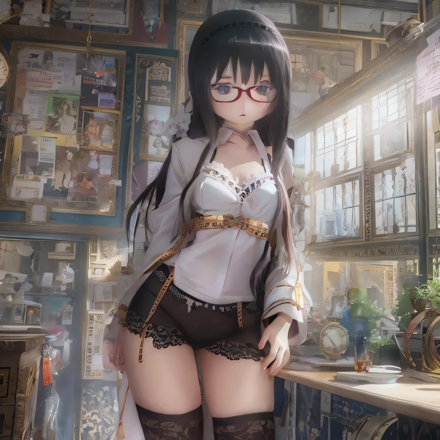 (Realistic:1.37), Vibrant colors, Very detailed, Physically Based Rendering, Tabletop, Expressive eyes, Perfect Face, Closed lips, barefoot, Akemi Homura is standing, Black Hair,  Black-rimmed glasses sexy lingerie, seductive posture豊かな胸.Garter belt