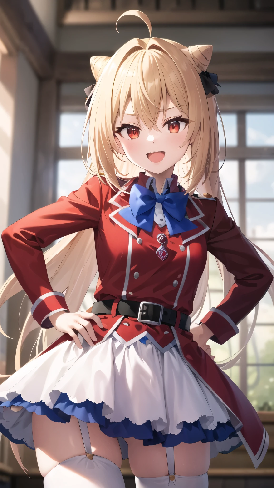 masterpiece, best quality, highres, 1girl, solo, long hair, blonde hair, cone hair bun, hair ornament, hair intakes, ahoge, bangs, red eyes, blue bowtie, red jacket, red coat, long sleeves, belt, white skirt, garter straps, white thighhighs, hand on hip, smile, open mouth,