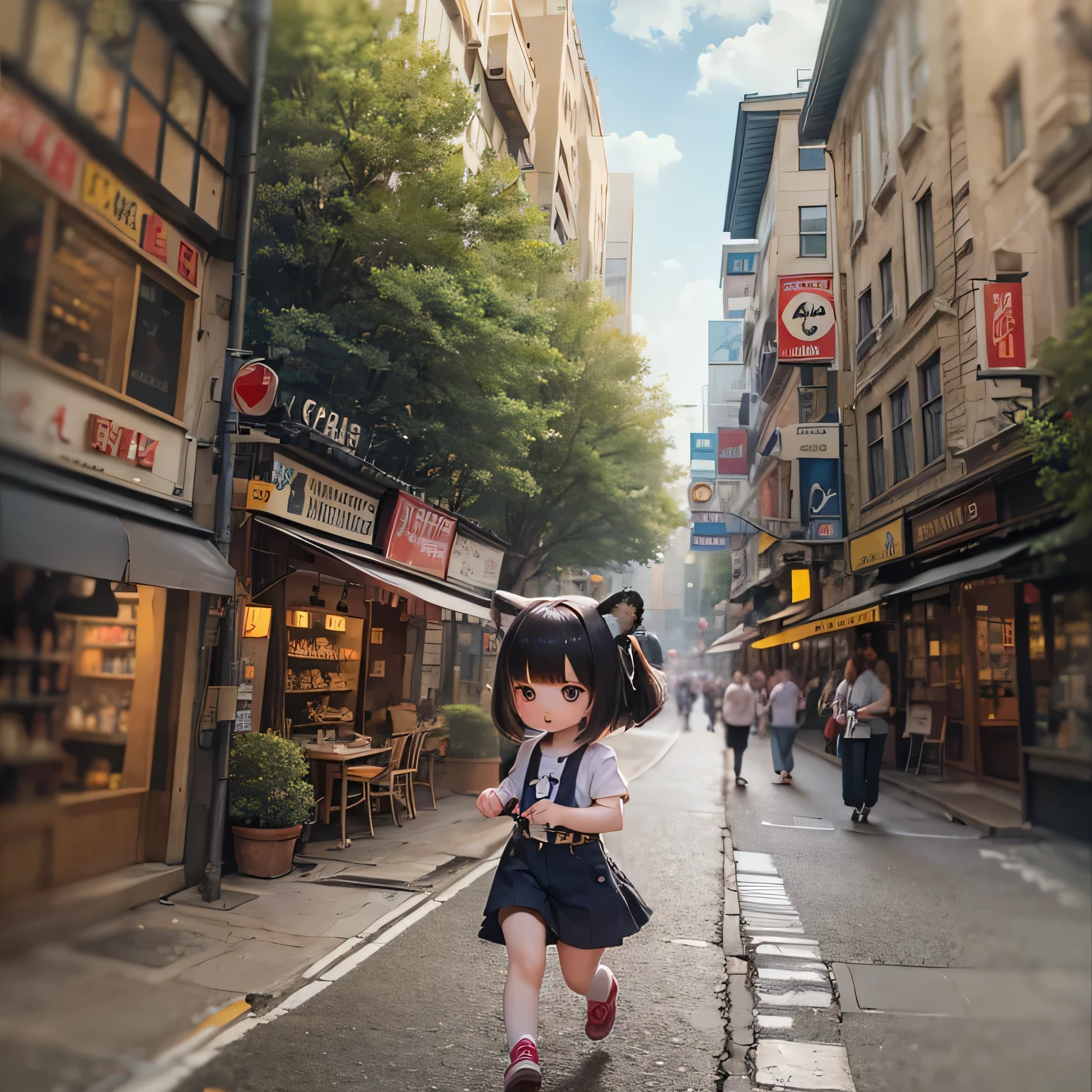 ,masterpiece, best quality, 8k, official art, cinematic light, ultra high res, short brown hair, high quality, outdoors,tokyo street, looking at viewer, wearing school uniform,"child",school uniform,jp_school_uniform,walking,white long sock