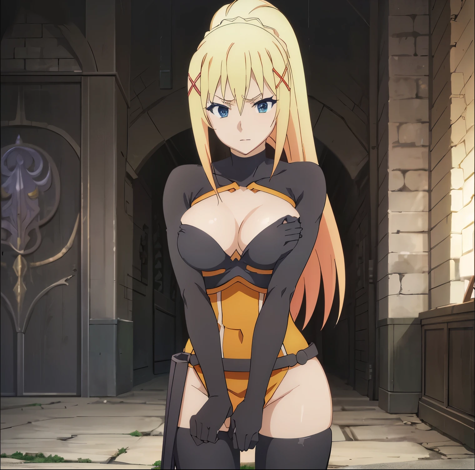 ((1girl)),((alone)),darkness lalatina, \(Konosuba\),(masterpiece), (best quality), (ultra detailed), (best illustration), (best shadow), (absurdities), sharp focus, cowboy shot, atmospheric perspective, depth of field, dynamic posture, ((looking at viewer)), small breasts, narrow waist, wide hips, medium thighs, round butt, erotic, romantic, (highly detailed eyes, lips 1.1), highly detailed eyes, eyes, Highly detailed face, Very beautiful face, Symmetrical face, Aesthetic face, perfect face, perfect eyes, detailed eyelashes: 1.5), full height, beautiful slim figure, femininity, expressive appearance, elastic big breasts, sexuality, half-open lips, blonde hair: 1.3, long hair, blue eyes: 1.2, ponytail, solo, shot jean, thighs, nipples covered, hands on chest, black gloves, black thighs, sweat drop, kneeling:1.3, black suit, hair between eyes, mouth closed, breast suppression, squatting:1.2, curves, defined body ,Perfect and beautiful body, perfect and beautiful, hot gaze, closed mouth, ((excited expression)), blushing, (sexy pose: 1.2), ((solo)),((, inside, dungeon, abandoned landscape, brick building, torches lit the dungeon, dark,)), Looking forward ,((focus on breasts:1.4)), point of view : (from above), perfect anatomy, perfect hands