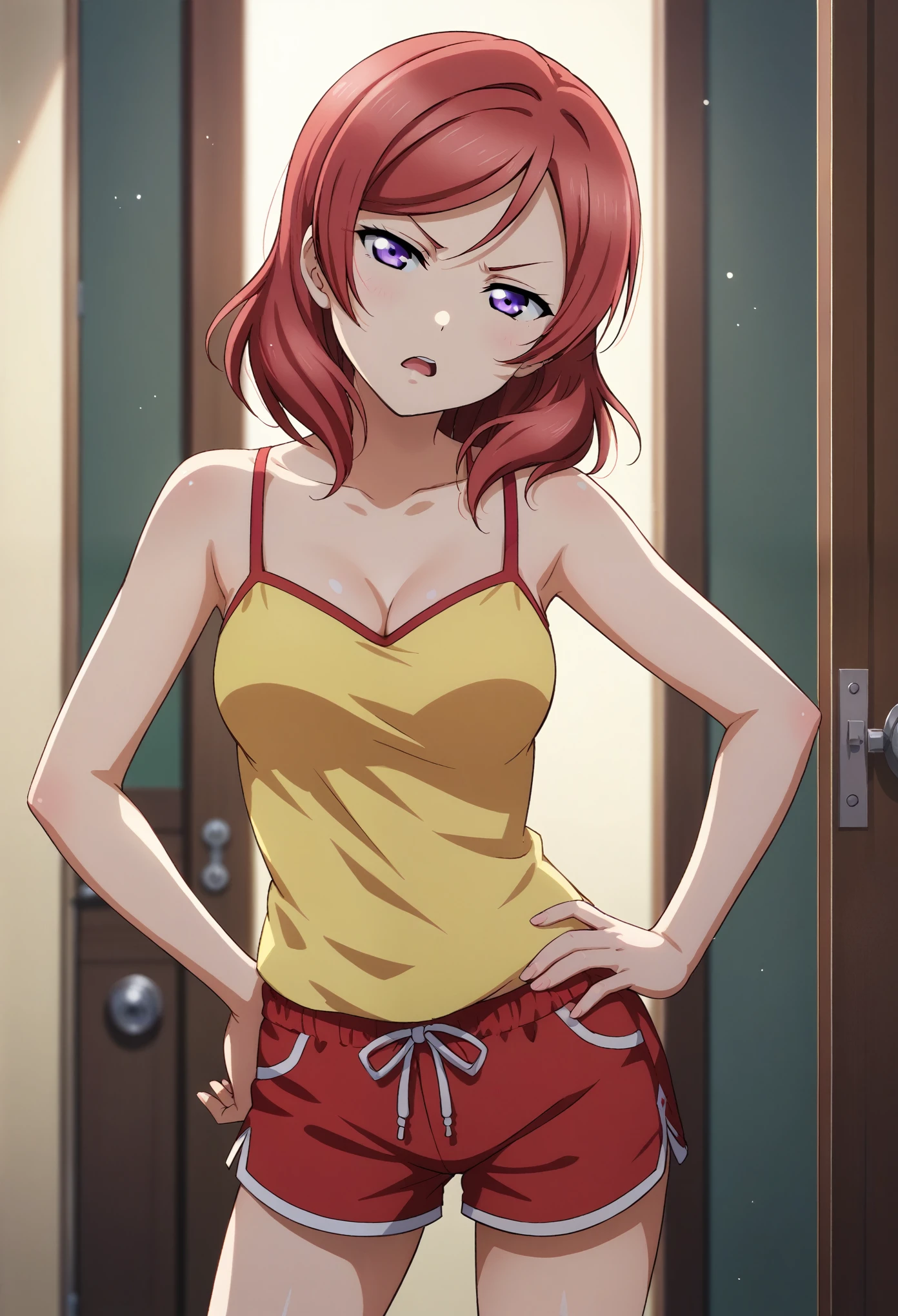 (Masterpiece, Best Quality, High Quality), anime style, love live art style, love live,cowboy shot, perfect lighting, perfect shadows,red hair ,Nishikino maki ,id_maki_nishikino,maki nishikino, 1girl, Nishikino maki, purple eyes,red hair,romantic , medium hair, red pajamas shorts, yellow camisole , head tilt, annoyed, doorway, indoors, half closed eyes , one hand on hip, cleavage , shiny skin , open mouth 