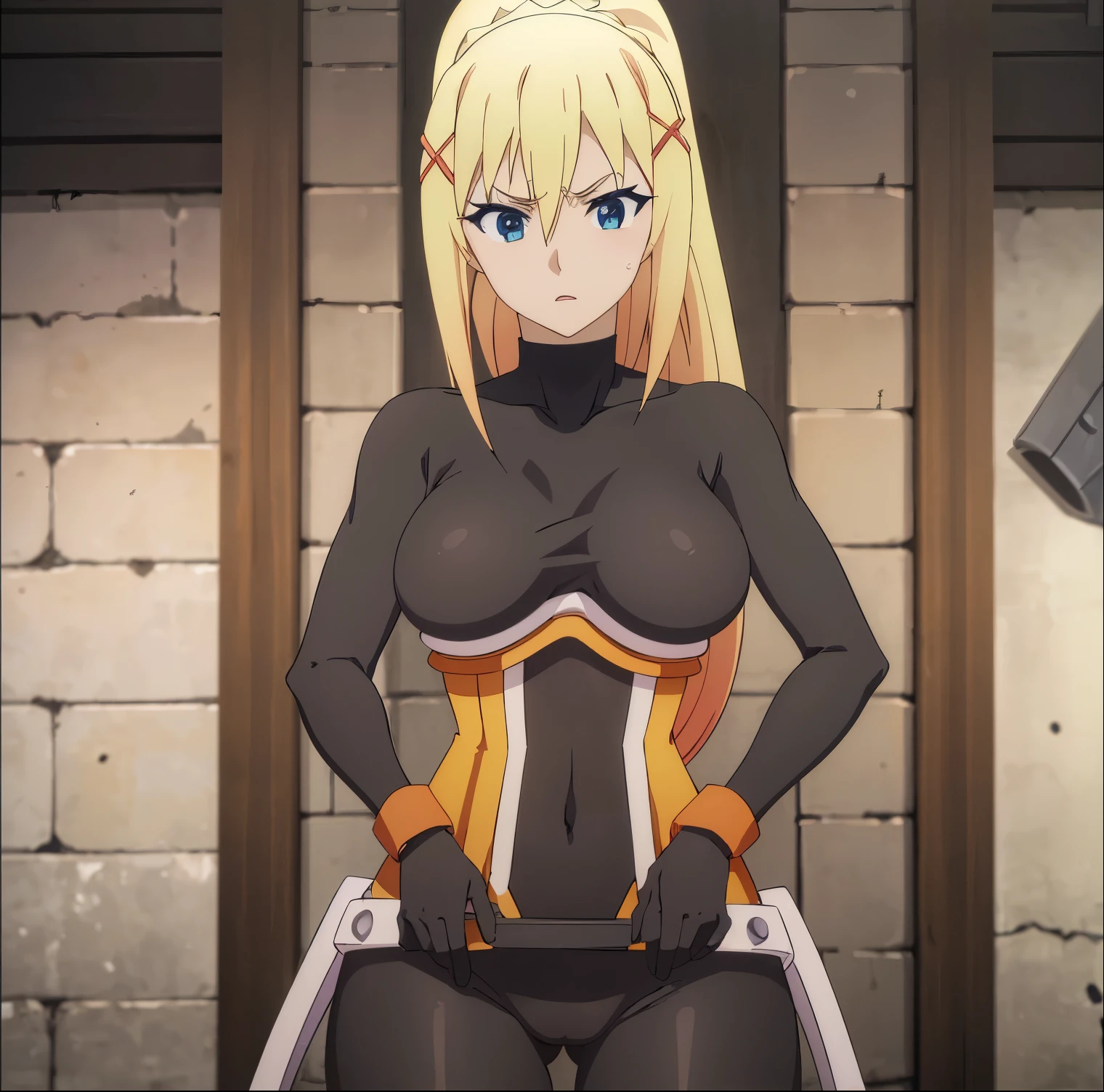 ((1girl)),((alone)),darkness lalatina, \(Konosuba\),(masterpiece), (best quality), (ultra detailed), (best illustration), (best shadow), (absurdities), sharp focus, cowboy shot, atmospheric perspective, depth of field, dynamic posture, ((looking at viewer)), large breasts, narrow waist, wide hips, medium thighs, round butt, erotic, romantic, (highly detailed eyes, lips 1.1), highly detailed eyes, eyes, Highly detailed face, Very beautiful face, Symmetrical face, Aesthetic face, perfect face, perfect eyes, detailed eyelashes: 1.5), full height, beautiful slim figure, femininity, expressive appearance, elastic big breasts, sexuality, half-open lips, blonde hair: 1.3, long hair, blue eyes: 1.2, ponytail, solo, shot jean, thighs, covered nipples, hands on chest, black gloves, black thighs, drop of sweat, standing:1.3, black suit, hair between the eyes, closed mouth, breast suppression, curves, defined body, perfect and beautiful body , perfect and beautiful, hot look, mouth closed, ((excited expression)), blushing, (sexy pose: 1.2), ((solo)),((, inside, dungeon, landscape abandoned, brick building, torches lit the dungeon, dark,)), Looking forward,((focus on hips:1.4)), point of view:(from below), perfect anatomy, perfect hands