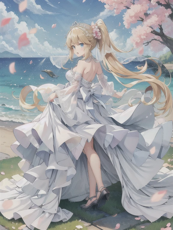 Saratoga \(warship girls r\),((masterpiece)),(((best quality))),((ultra-detailed)),((illustration)),((disheveled hair)),((frills)),(1 girl),(solo),1girl,bangs,bare shoulders,barefoot,blue sky,blush,bridal veil,cherry blossoms,cloud,cloudy sky,confetti,day,dress,earrings,eyebrows visible through hair,falling petals,feet,flower,foot focus,hair between eyes,hair ornament,high heels,jewelry,leaves in wind,short hair,looking at viewer,looking back,ocean,open mouth,outdoors,petals,petals on liquid,ponytail,rose petals,shoes removed,sidelocks,single shoe,sky,soles,solo,splashing,thighs,tiara,toes,tree,underwear,veil,water,water drop,wedding dress,wet,white dress,Rating:safe,foreshortening,
blonde hair,blue eyes,