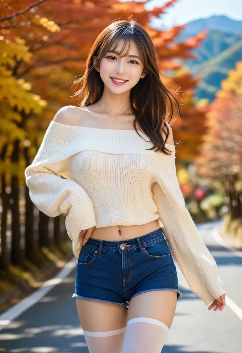 (raw photo, 8k, best quality, masterpiece:1.3), ultra high res, realistic, 1 beautiful japanese girl, 20's, medium breasts, pointy breasts, shiny skin, beautiful face, detailed skin, (slim abs:1.2), detailed breasts, detailed pussy, detailed ass, brown eyes, brown hair, mountain, autumn, daylight, sunlight, walking, smile, full body shot, (ribbed sweater, off shoulder), (denim shorts), (long boots), (pantyhose), clothing pull