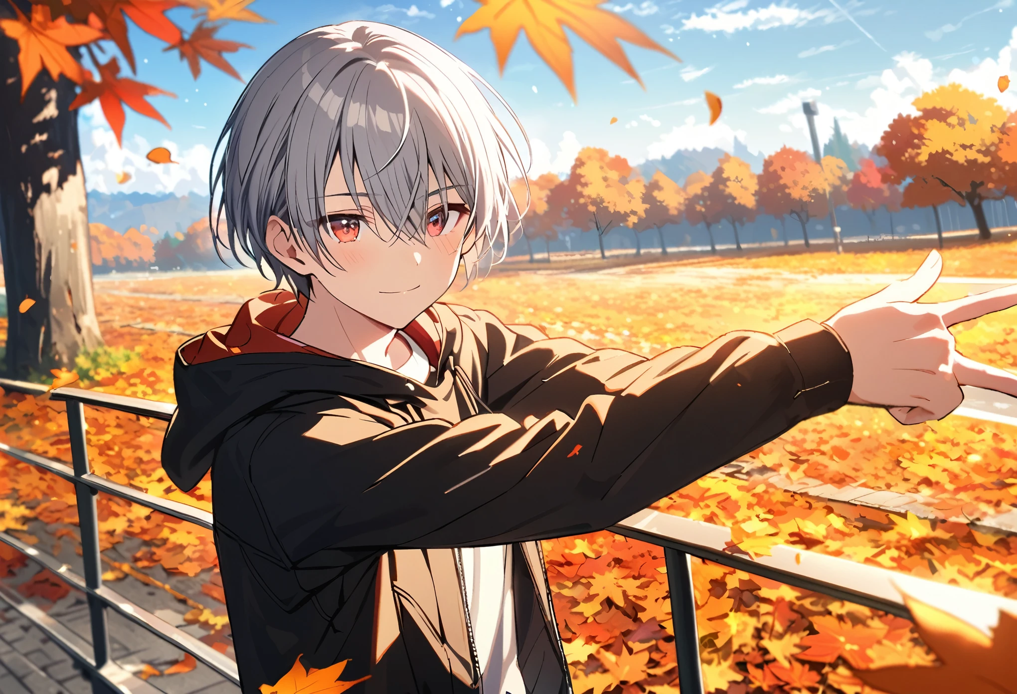 good looking, Alone, 1 male, Gray Hair, Red eyes, Long sleeve, Black hooded, noon, White Light,cute目,Short hairstyle,cute,Falling from the sky,綺麗なautumnの空,Lots of autumn leaves,autumn,A sparkling view,bright,Blue Sky,Looking at the camera,Making a peace sign,