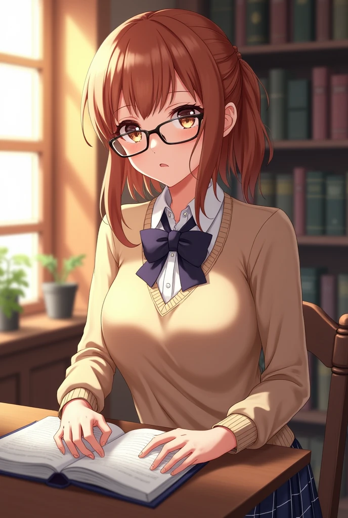 (Tabletop:1.0), (highest quality:1.4), (High resolution:1.2), From the side,Sharp contours, boyish, highest quality, masterpiece,Glasses,Voice of the Heart,20-year-old woman,yandere,Big Breasts,Chest to chest,Lying face down,Upper Body,Ecstasy,blush,Squint your eyes,Tuck up your clothes,lure