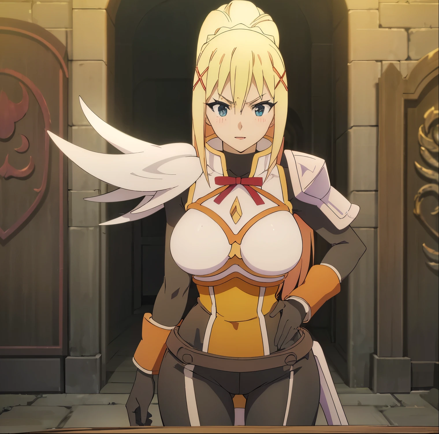 ((1girl)),((alone)),darkness lalatina, \(Konosuba\),(masterpiece), (best quality), (ultra detailed), (best illustration), (best shadow), (absurdities), sharp focus, cowboy shot, atmospheric perspective, depth of field, dynamic posture, ((looking at viewer)), large breasts, narrow waist, wide hips, medium thighs, round butt, erotic, romantic, (highly detailed eyes, lips 1.1), highly detailed eyes, eyes, Highly detailed face, Very beautiful face, Symmetrical face, Aesthetic face, perfect face, perfect eyes, detailed eyelashes: 1.5), full height, beautiful slim figure, femininity, expressive appearance, elastic big breasts, sexuality, half-open lips, blonde hair: 1.3, long hair, blue eyes: 1.2, ponytail, cowboy shot, torn clothes, ponytail, open mouth, big breasts, blushing, armored boots, holding sword, armor, gloves, jumpsuit, boots, masochism, smile, curves, defined body, perfect and beautiful body, perfect and beautiful, hot look, mouth closed,((excited expression)),blushing,(sexy pose: 1.2), ((solo)), standing:1.3 ((, outside, green plain, grass, trees, flying cabbage, cabbage,)), Looking forward,((focus on thighs:1.4)), point of view:(from below), perfect anatomy, perfect hands