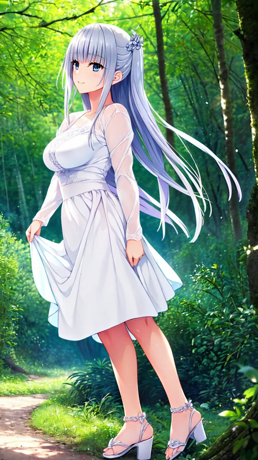 1 lady in the distance, 4, (((((ultra quality, ultra detailed, ultra highresolution, ultra delicate, extreme detailed, 8k))))), masterpiece, anime, anime screencap, sharp focus and crisp quality, (((brightly colored))), solo, (((distant view))), (((in the lush forest))), sunlight filtering through the foliage, standing, close stance, full body, looking away, (((beautiful detailed face))), (((beautiful detailed eye))), (((beautiful body))), long silver hair, vaguely shining hair, blunt bangs, straight hair, (((hair ornaments))), hair chains, blue eyes, kind smile, shiny skin, wearing white ball gown outfit, long sleeve, (((white sandal))), medium breasts