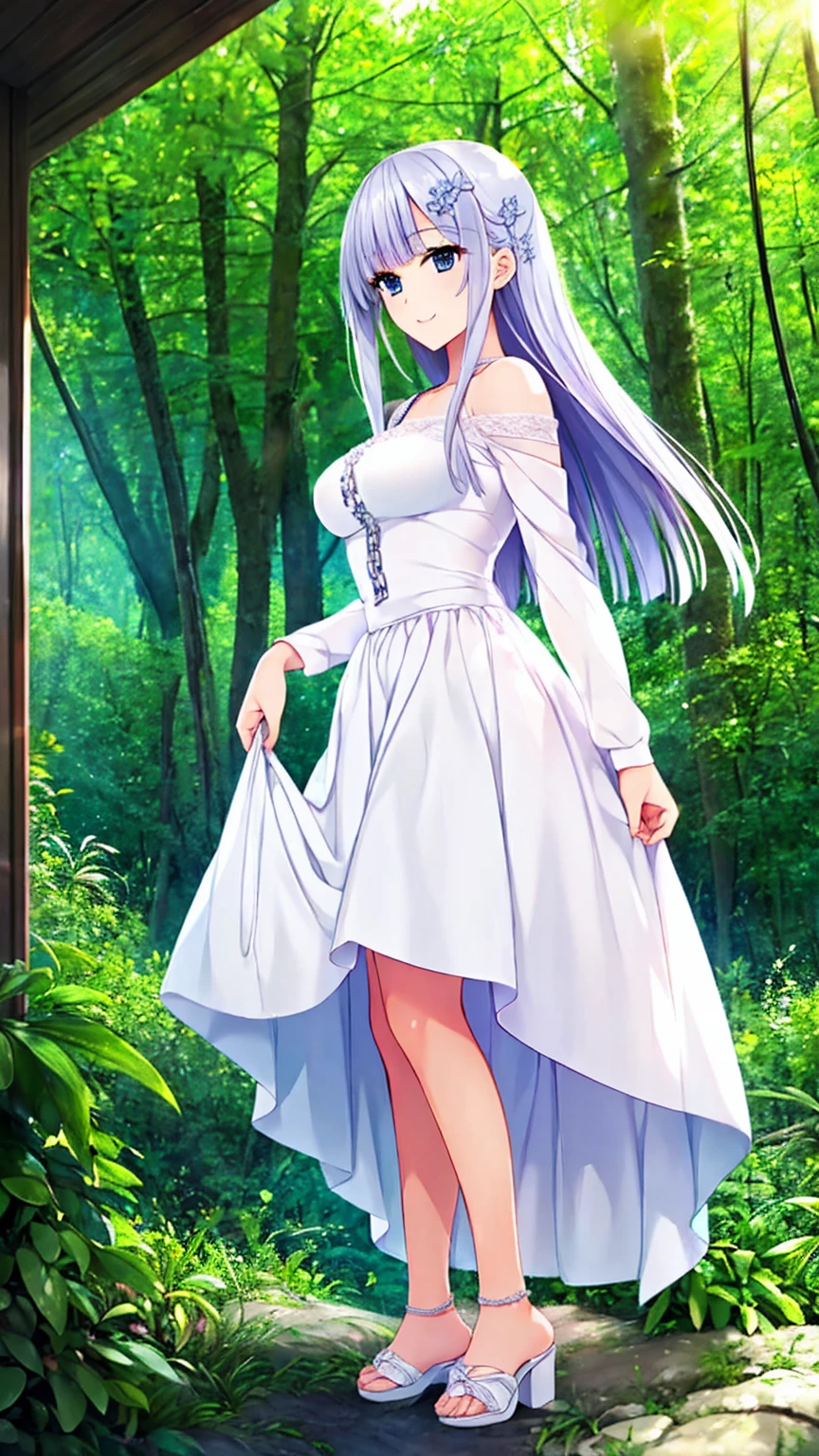 1 lady in the distance, 4, (((((ultra quality, ultra detailed, ultra highresolution, ultra delicate, extreme detailed, 8k))))), masterpiece, anime, anime screencap, sharp focus and crisp quality, (((brightly colored))), solo, (((distant view))), (((in the lush forest))), sunlight filtering through the foliage, standing, close stance, full body, looking away, (((beautiful detailed face))), (((beautiful detailed eye))), (((beautiful body))), long silver hair, vaguely shining hair, blunt bangs, straight hair, (((hair ornaments))), hair chains, blue eyes, kind smile, shiny skin, wearing white ball gown outfit, long sleeve, (((white sandal))), medium breasts