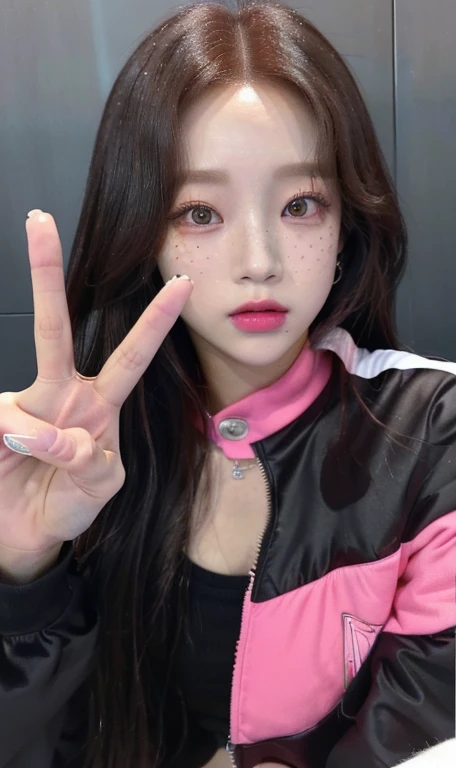 a close up of a person making a peace sign with their hand, jisoo from blackpink, jisoo of blackpink, tzuyu from twice, blackpink jennie, roseanne park of blackpink, portrait jisoo blackpink, sun yunjoo, jossi of blackpink, heonhwa choe, korean idol, portrait of jossi of blackpink, park ji-min, lee ji - eun, 🤤 girl portrait, hyper realistic aesthetic, small freckles, hyper realistic teenager, barbie doll, freckles!!!, detailed face, realistic, Físico : el abdomen más pequeño jamás visto, jisoo from blackpink, popular south korean makeup, quality detailed ,(beautiful makeup :1.2), 