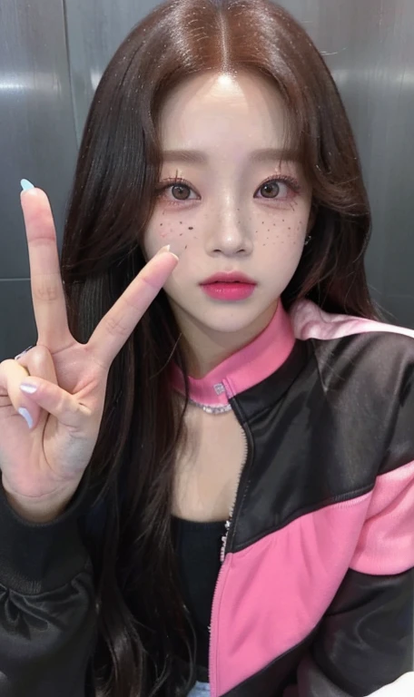 a close up of a person making a peace sign with their hand, jisoo from blackpink, jisoo of blackpink, tzuyu from twice, blackpink jennie, roseanne park of blackpink, portrait jisoo blackpink, sun yunjoo, jossi of blackpink, heonhwa choe, korean idol, portrait of jossi of blackpink, park ji-min, lee ji - eun, 🤤 girl portrait, hyper realistic aesthetic, small freckles, hyper realistic teenager, barbie doll, freckles!!!, detailed face, realistic, Físico : el abdomen más pequeño jamás visto, jisoo from blackpink, popular south korean makeup, quality detailed ,(beautiful makeup :1.2), 