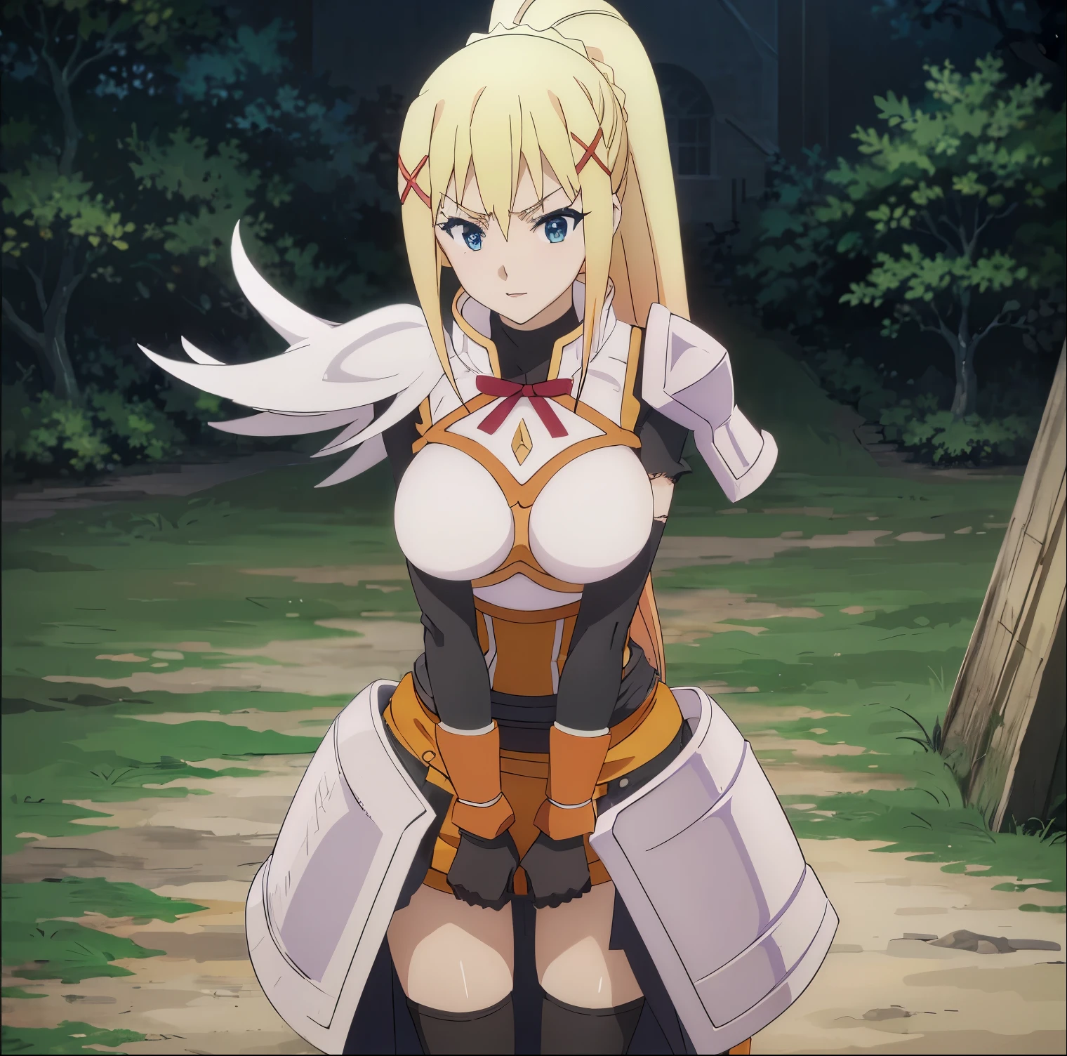 ((1girl)),((alone)),darkness lalatina, \(Konosuba\),(masterpiece), (best quality), (ultra detailed), (best illustration), (best shadow), (absurdities), sharp focus, cowboy shot, atmospheric perspective, depth of field, dynamic posture, ((looking at viewer)), large breasts, narrow waist, wide hips, medium thighs, round butt, erotic, romantic, (highly detailed eyes, lips 1.1), highly detailed eyes, eyes, Highly detailed face, Very beautiful face, Symmetrical face, Aesthetic face, perfect face, perfect eyes, detailed eyelashes: 1.5), full height, beautiful slim figure, femininity, expressive appearance, elastic big breasts, sexuality, half-open lips, blonde hair: 1.3, long hair, blue eyes: 1.2, ponytail, cowboy shot, torn clothes, ponytail, open mouth, big breasts, blushing, armored boots, holding sword, armor, gloves, jumpsuit, boots, masochism, smile, curves, defined body, perfect and beautiful body, perfect and beautiful, hot look, mouth closed,((excited expression)),blushing,(sexy pose: 1.2), ((solo)), standing:1.3 ((, outside, green plain, grass, trees, flying cabbage, cabbage,)), Looking forward,((focus on breasts:1.4)), point of view:(from Middle), perfect anatomy, perfect hands