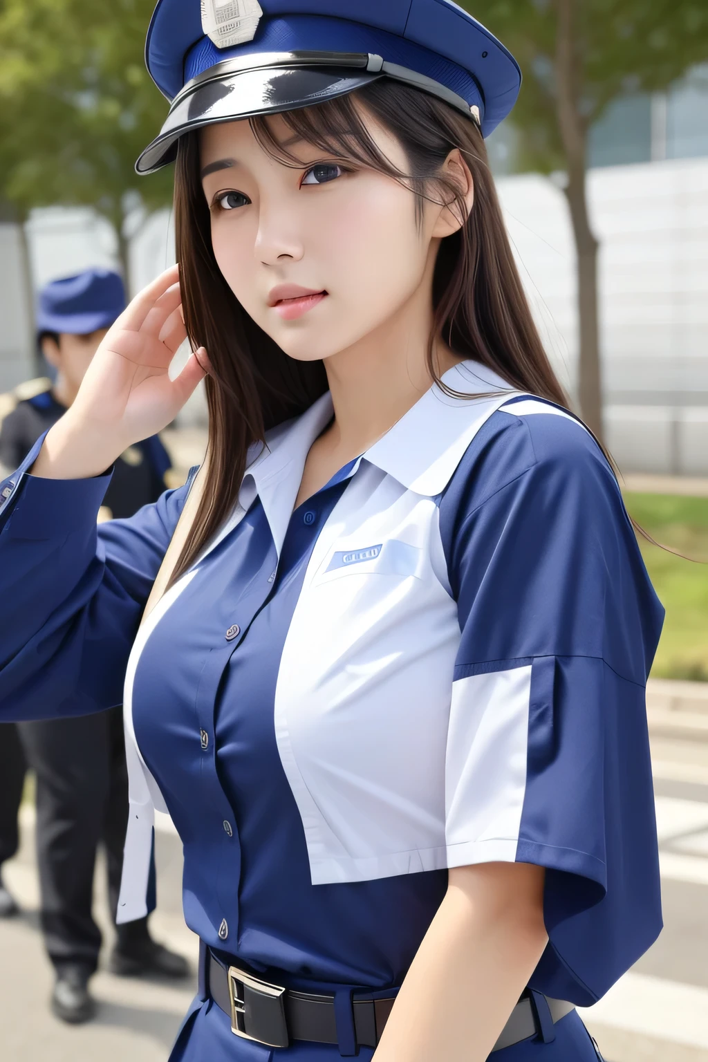 (masterpiece、Best Quality、Ultra-high resolution)、(Perfect Face、Beautiful Face、Beautiful Eyes)、policewoman、Japanese police uniform、sweat、gunを構える、gun、Large Breasts、A man grabs a woman&#39;s arm、The woman resists、fight、The man is a robber、Nipples