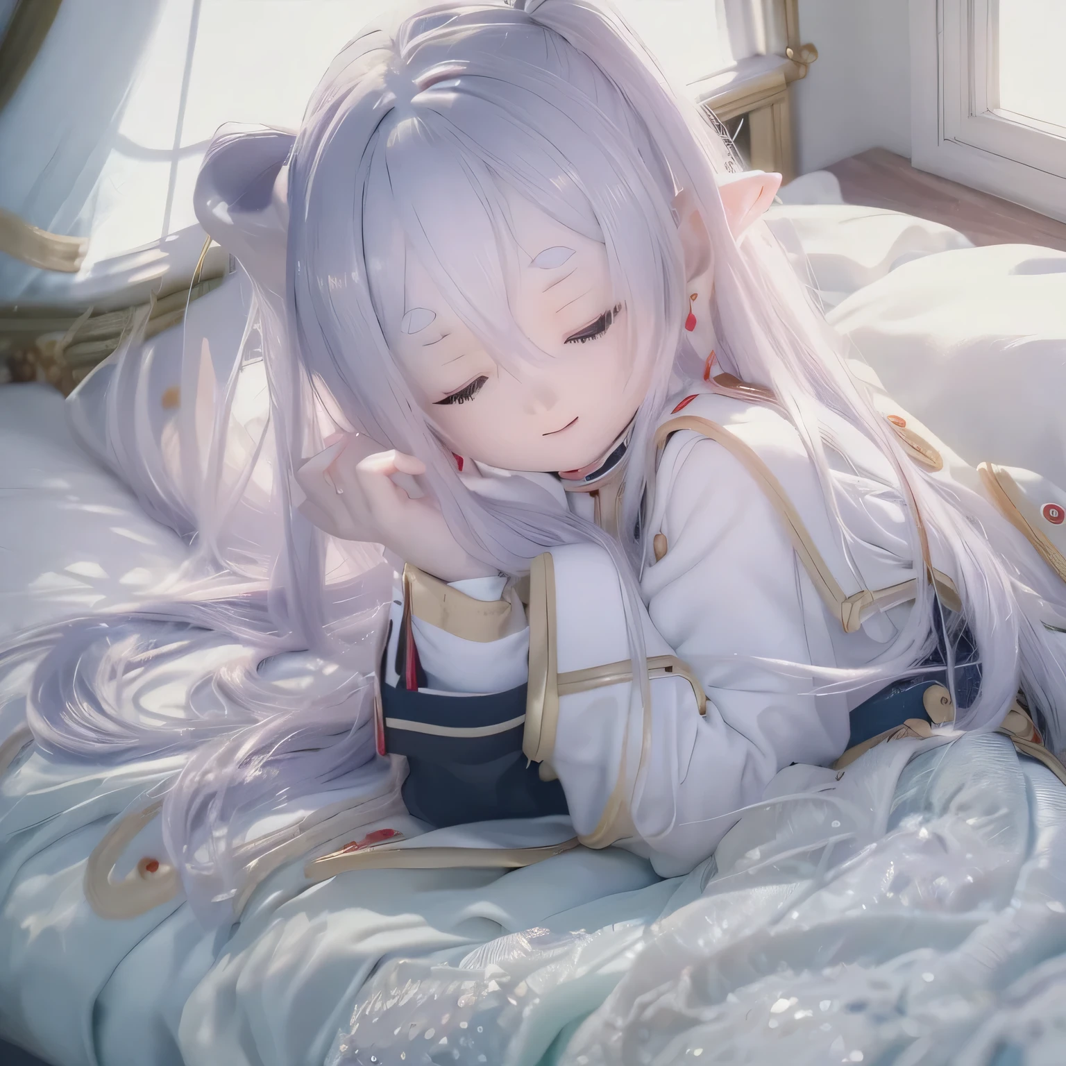 (Highest quality 4K,High resolution:1.2),Very detailed,Realistic,Portraiture,Bluish tone,Soft lighting,Frozen Tree々A girl sitting on a bed,Her long, Her flowing white hair contrasts with her pale skin.., A shy smile, Sexy Lingerie, Charming smile (((((Contrasting)))))Sleeping in bed