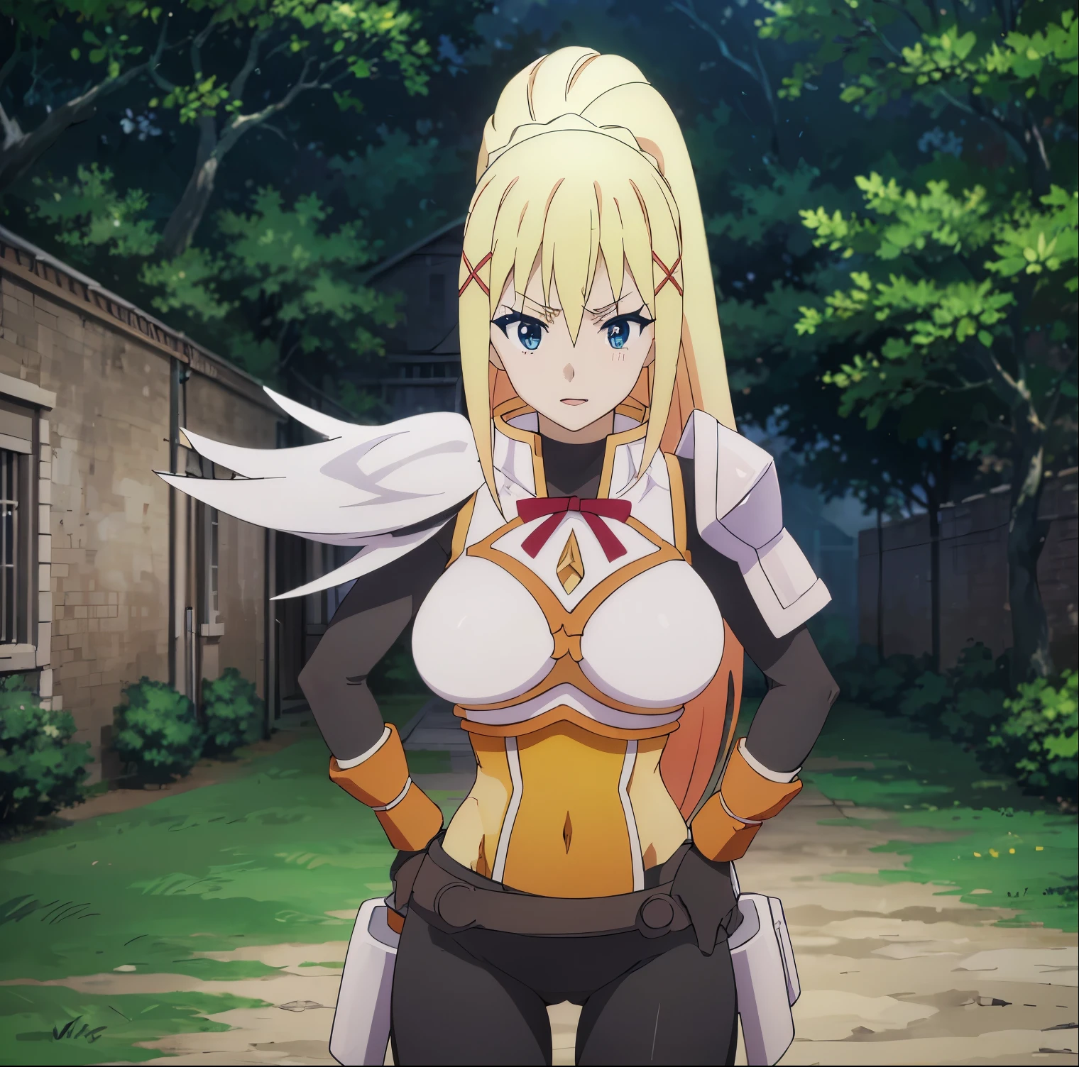 ((1girl)),((alone)),darkness lalatina, \(Konosuba\),(masterpiece), (best quality), (ultra detailed), (best illustration), (best shadow), (absurdities), sharp focus, cowboy shot, atmospheric perspective, depth of field, dynamic posture, ((looking at viewer)), large breasts, narrow waist, wide hips, medium thighs, round butt, erotic, romantic, (highly detailed eyes, lips 1.1), highly detailed eyes, eyes, Highly detailed face, Very beautiful face, Symmetrical face, Aesthetic face, perfect face, perfect eyes, detailed eyelashes: 1.5), full height, beautiful slim figure, femininity, expressive appearance, elastic big breasts, sexuality, half-open lips, blonde hair: 1.3, long hair, blue eyes: 1.2, ponytail, cowboy shot, torn clothes:1.2, ponytail, open mouth, big breasts, blushing, armored boots, holding sword:1.3, black bodysuit:1.3, armor, gloves, jumpsuit, boots, masochism, smile, curves, defined body, perfect body and beautiful, perfect and beautiful, hot look, mouth closed, ((excited expression)), blushing, (sexy pose: 1.2), ((solo)), kneeling:1.3 ((, outside, green plain, grass, trees, flying cabbage: 1.3, cabbage,)), Looking forward, ((focus on hips: 1.4)), point of view: (from Middle), perfect anatomy, perfect hands