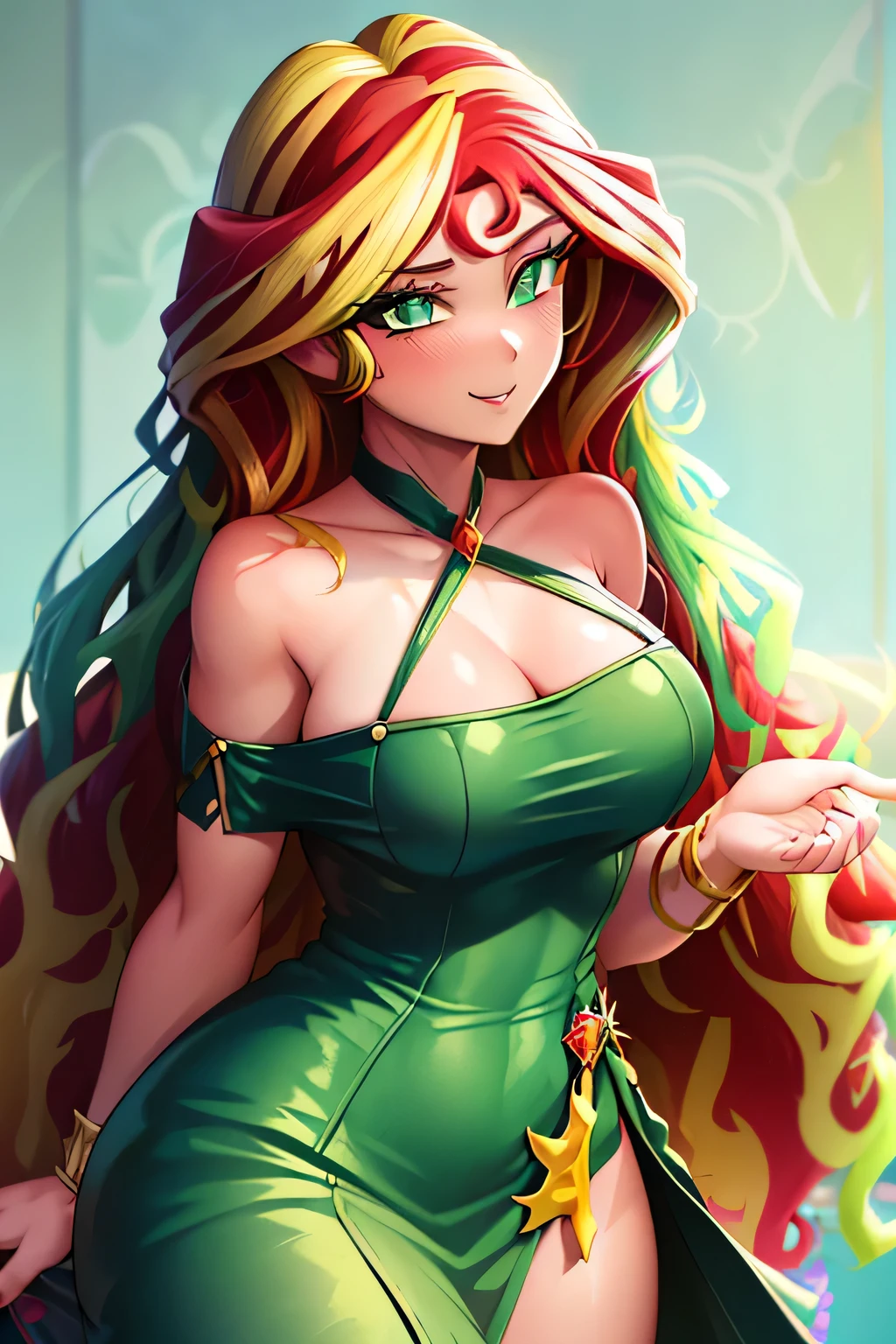 ung woman, cyan eyes, (((highly detailed eyes))), long hair, wavy hair, two-tone hair, medium breast, wide hips, ((dark green gala dress)), covered shoulders, (((amber skin))), (((red and yellow hair))), blush, on a stage, both hands up, smiling, front view, illustration, khyle style, equestria-girls, mlpshimmer