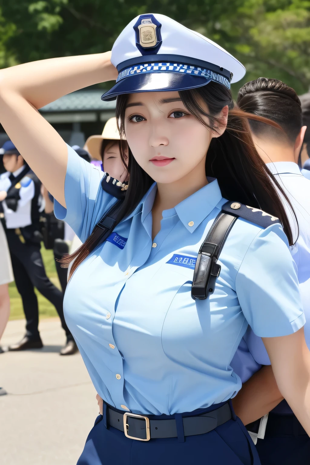 (masterpiece、Best Quality、Ultra-high resolution)、(Perfect Face、Beautiful Face、Beautiful Eyes)、policewoman、Japanese police uniform、sweat、gunを構える、gun、Large Breasts、A man grabs a woman's waist、The woman resists、fight、Put your hands on the ground、On all fours