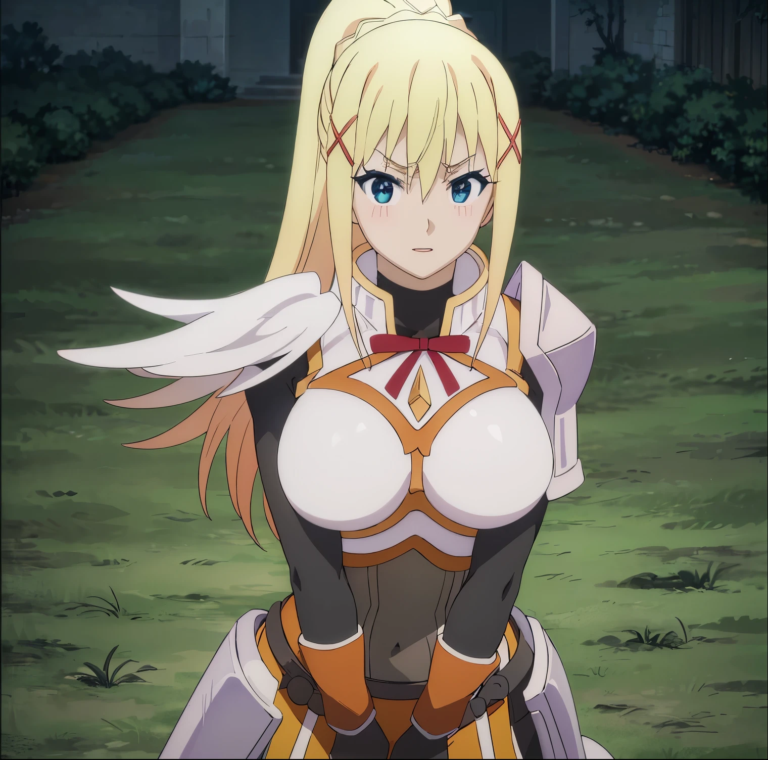 ((1girl)),((alone)),darkness lalatina, \(Konosuba\),(masterpiece), (best quality), (ultra detailed), (best illustration), (best shadow), (absurdities), sharp focus, cowboy shot, atmospheric perspective, depth of field, dynamic posture, ((looking at viewer)), large breasts, narrow waist, wide hips, medium thighs, round butt, erotic, romantic, (highly detailed eyes, lips 1.1), highly detailed eyes, eyes, Highly detailed face, Very beautiful face, Symmetrical face, Aesthetic face, perfect face, perfect eyes, detailed eyelashes: 1.5), full height, beautiful slim figure, femininity, expressive appearance, elastic big breasts, sexuality, half-open lips, blonde hair: 1.3, long hair, blue eyes: 1.2, ponytail, cowboy shot, torn clothes:1.2, ponytail, open mouth, big breasts, blushing, armored boots,(( holding sword:1.3)),(( black bodysuit:1.3)), armor, gloves, jumpsuit, boots, masochism, smile, curves, defined body, perfect body and beautiful, perfect and beautiful, hot look, mouth closed, ((excited expression)), blushing, (sexy pose: 1.2), ((solo)), kneeling:1.3 ((, outside, green plain, grass, trees, flying cabbage: 1.3, cabbage,)), Looking forward, ((focus on breasts: 1.4)), point of view: (from above), perfect anatomy, perfect hands
