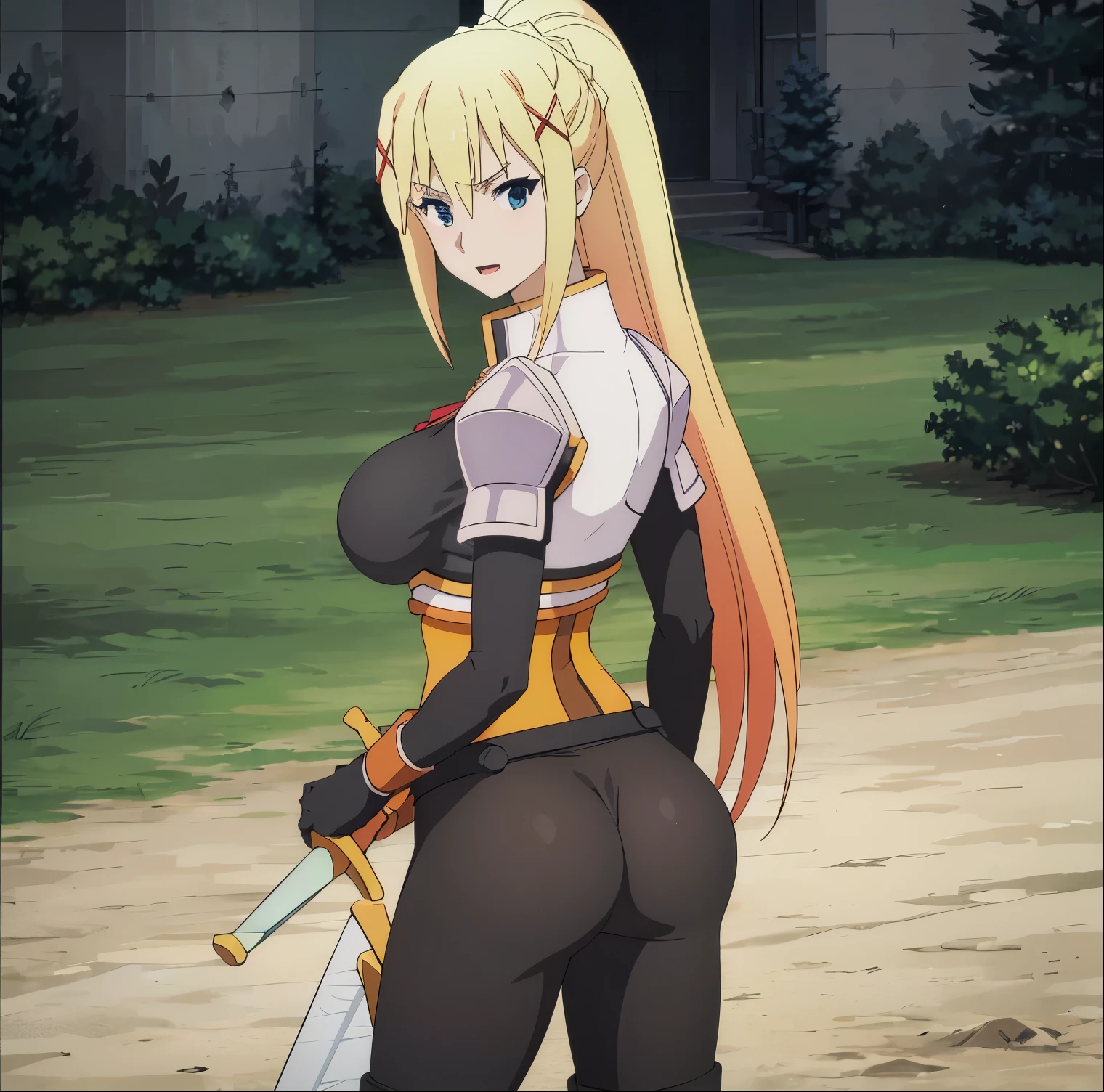 ((1girl)),((alone)),darkness lalatina, \(Konosuba\),(masterpiece), (best quality), (ultra detailed), (best illustration), (best shadow), (absurdities), sharp focus, cowboy shot, atmospheric perspective, depth of field, dynamic posture, ((looking at viewer)), large breasts, narrow waist, wide hips, medium thighs, round butt, erotic, romantic, (highly detailed eyes, lips 1.1), highly detailed eyes, eyes, Highly detailed face, Very beautiful face, Symmetrical face, Aesthetic face, perfect face, perfect eyes, detailed eyelashes: 1.5), full height, beautiful slim figure, femininity, expressive appearance, elastic big breasts, sexuality, blonde hair: 1.3, long hair, blue eyes: 1.2, ponytail, cowboy shot, torn clothes: 1.2, ponytail, open mouth, big breasts, blushing, armored boots, ((holding sword:1.3)), ((black bodysuit:1.3)), armor, gloves, jumpsuit, boots, masochism, smile, curves, defined body, Perfect and beautiful body, perfect and beautiful , hot gaze, closed mouth, ((excited expression)), blushing, (sexy pose: 1.2), ((solo)), kneeling:1.3 ((, outside, plain green, grass, trees,flying cabbage:1.3, cabbage,)), Looking back,from behind,((focus on butt:1.4)), point of view:(from below), perfect anatomy, perfect hands