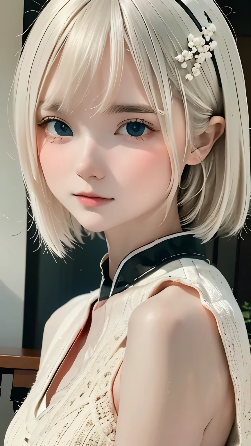 masutepiece, Best Quality, hight resolution,portlate, (((detail portrayal、8K resolution))), (((Beautiful face drawn in detail))),Full Body Angle,Smirking expression、Solo, bright light blue eyes, ((Beautiful silky silver hair、Short Bob、Short-cut hair))、(((Beautiful Ao Dai:1.3、Ao Dai,Beautiful White Ao Dai)))、plein air、Lake Lotus