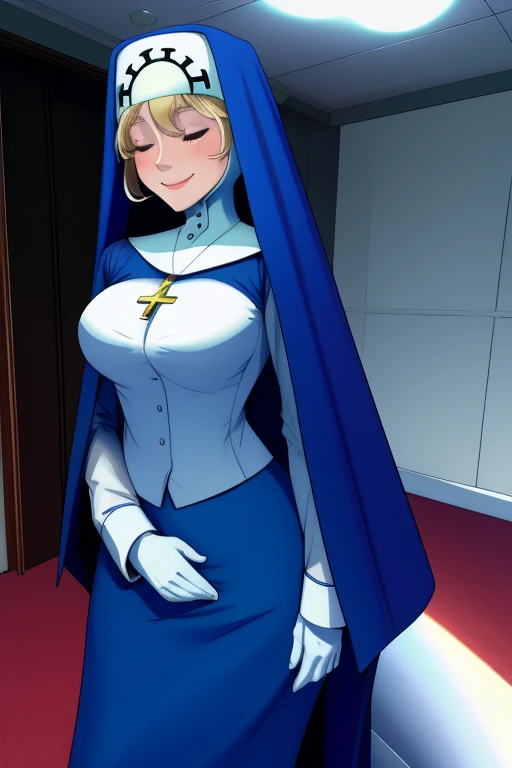 Double, short blonde hair, nun uniform, medium breasts, solo, 1girl, smiling, closed eyes, blue habit, cape, cross necklace ,white gloves, long sleeves, nun, long skirt, room, floor, standing