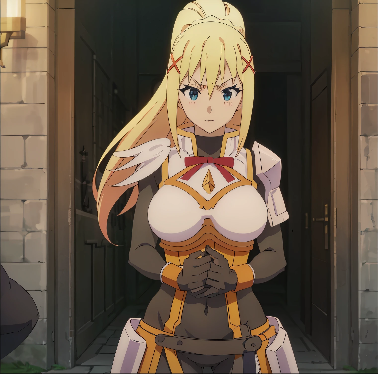 ((1girl)),((alone)),darkness lalatina, \(Konosuba\),(masterpiece), (best quality), (ultra detailed), (best illustration), (best shadow), (absurdities), sharp focus, cowboy shot, atmospheric perspective, depth of field, dynamic posture, ((looking at viewer)), large breasts, narrow waist, wide hips, medium thighs, round butt, erotic, romantic, (highly detailed eyes, lips 1.1), highly detailed eyes, eyes, Highly detailed face, Very beautiful face, Symmetrical face, Aesthetic face, perfect face, perfect eyes, detailed eyelashes: 1.5), full height, beautiful slim figure, femininity, expressive appearance, elastic big breasts, sexuality, half-open lips, blonde hair: 1.3, long hair, blue eyes: 1.2, ponytail, solo, shot jean, thighs, covered nipples, hands on chest, black gloves, black thighs, drop of sweat, standing:1.3, black suit, hair between the eyes, closed mouth, breast suppression, curves, defined body, perfect and beautiful body , perfect and beautiful, hot look, mouth closed, ((excited expression)), blushing, (sexy pose: 1.2), ((solo)),((, inside, dungeon, landscape abandoned, brick building, torches lit the dungeon, dark,)), Looking forward,((focus on hips:1.4)), point of view:(from middle), perfect anatomy, perfect hands